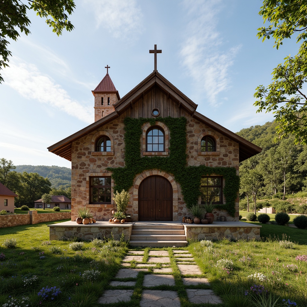 Prompt: Rustic rural church, wooden cross, stone foundation, earthy tones, natural textures, weathered wood accents, stained glass windows, arched doorways, bell towers, ivy-covered walls, lush green surroundings, rolling hills, serene countryside, warm sunlight, soft shadows, 1/2 composition, symmetrical framing, realistic materials, ambient occlusion.