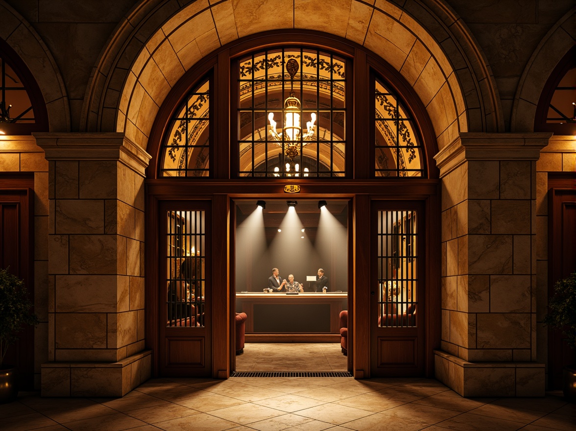 Prompt: Majestic nightclub facade, Romanesque arches, ornate stone carvings, grand entrance, heavy wooden doors, intricate ironwork, warm golden lighting, soft misty atmosphere, mysterious shadows, luxurious velvet drapes, lavish chandeliers, rich wood paneling, antique bronze fixtures, dramatic spotlights, 1/2 composition, low-angle shot, cinematic mood, high-contrast rendering.