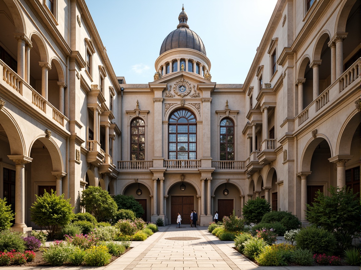 Prompt: Grandiose church facade, ornate stone carvings, symmetrical architecture, majestic dome, intricate stained glass windows, elegant arches, Corinthian columns, ornamental balustrades, serene courtyard, lush greenery, vibrant flowers, natural stone walkways, historic landmark, cultural heritage site, warm sunny day, soft warm lighting, shallow depth of field, 3/4 composition, panoramic view, realistic textures, ambient occlusion.