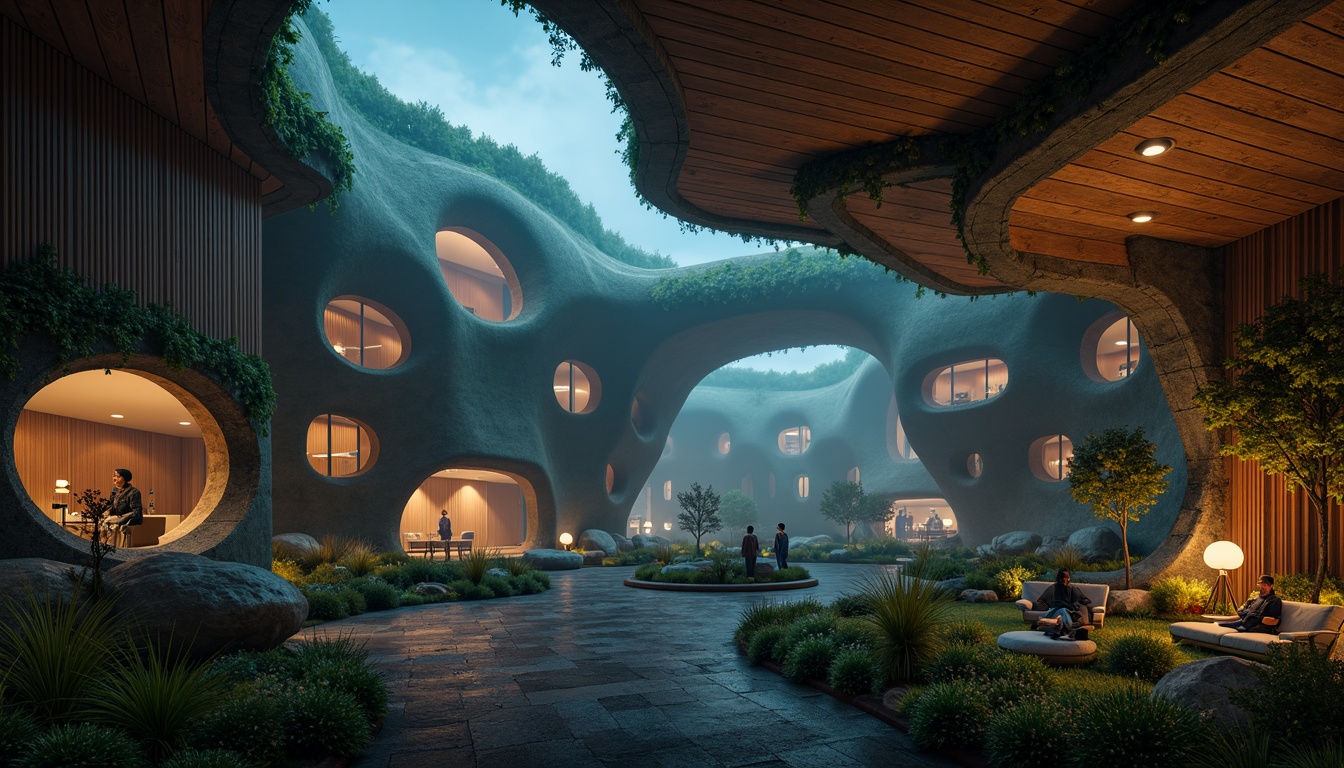 Prompt: Curved blob-like structures, irregular shapes, amoeba-inspired forms, soft rounded edges, fluidic architecture, natural materials, earthy tones, moss-covered walls, wooden accents, organic textures, wavy lines, abstract patterns, futuristic ambiance, neon-lit nighttime scene, misty atmosphere, shallow depth of field, 1/1 composition, cinematic lighting, realistic renderings, ambient occlusion.