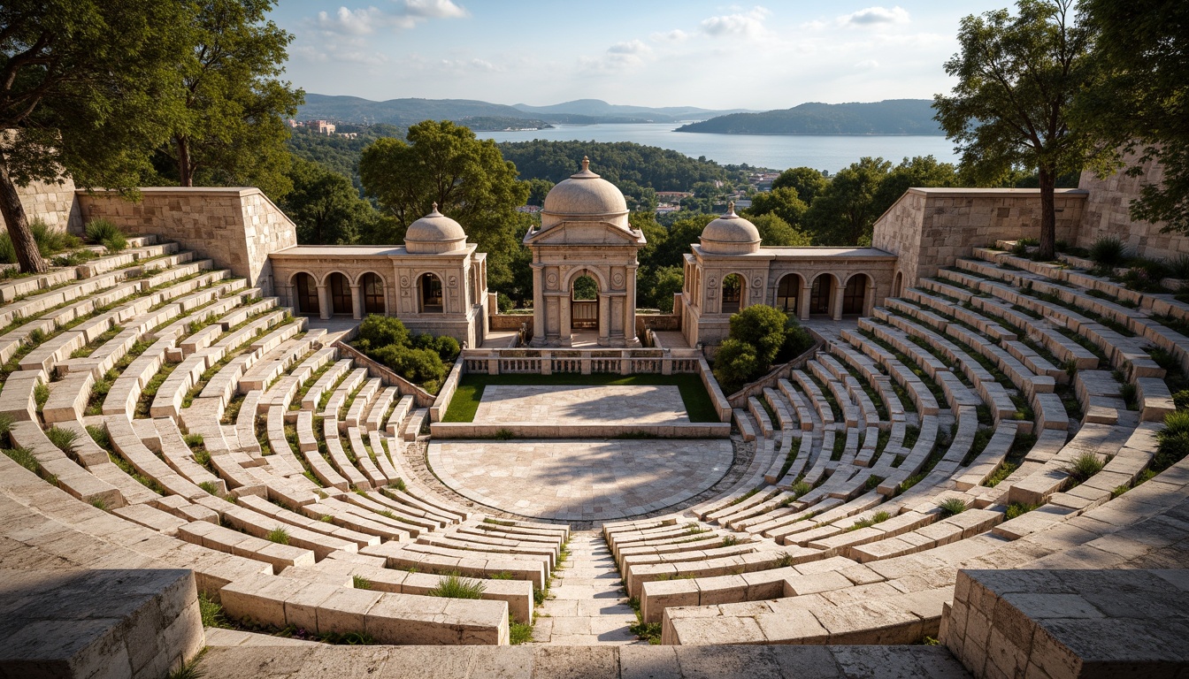 Prompt: Ancient Greek amphitheater, rustic stone seating, weathered wooden benches, natural rock formations, lush greenery surroundings, Mediterranean landscape, warm sunny day, soft diffused lighting, shallow depth of field, 3/4 composition, panoramic view, realistic textures, ambient occlusion, rough-hewn stone walls, ornate marble columns, intricate mosaic patterns, vibrant colorful textiles, comfortable cushioning, ergonomic seating design.