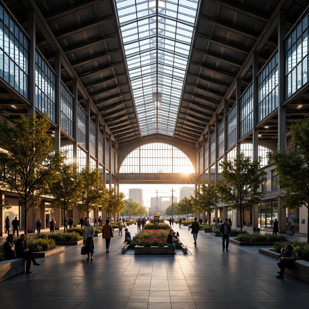 Prompt: Grand train station, high ceilings, large windows, natural light pouring in, steel beams, industrial architecture, modern design, urban atmosphere, busy commuters, rush hour scene, soft warm lighting, shallow depth of field, 1/1 composition, realistic textures, ambient occlusion, glass roofs, skylights, clerestory windows, open spaces, pedestrian walkways, public art installations, urban furniture, greenery, plants, trees.