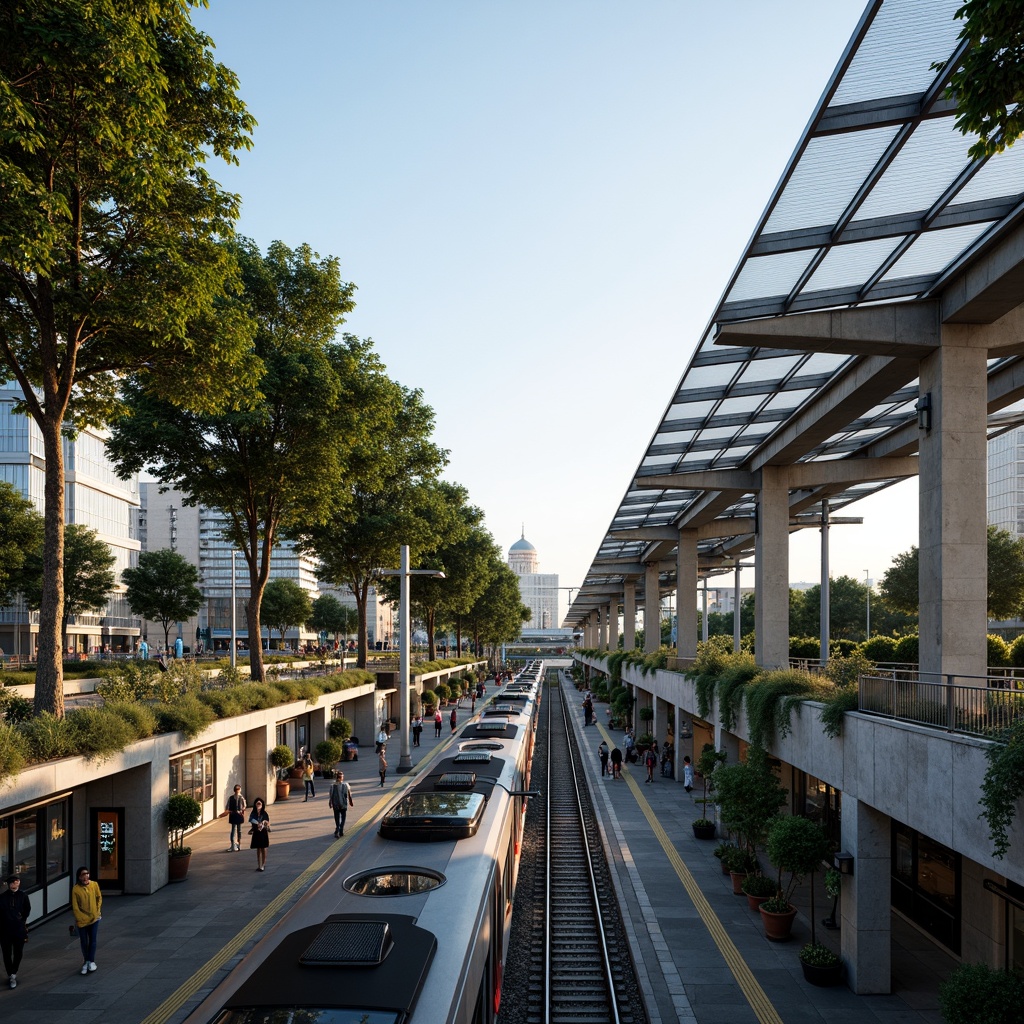 Prompt: Modern train station, sleek glass roofs, rainwater harvesting systems, green walls, lush vegetation, natural stone flooring, stainless steel handrails, LED lighting, energy-efficient systems, water conservation measures, grey water reuse, flood-resistant design, elevated platforms, cantilevered canopies, transparent glass fa\u00e7ades, urban landscape views, bustling city atmosphere, soft warm lighting, shallow depth of field, 3/4 composition, panoramic view, realistic textures, ambient occlusion.