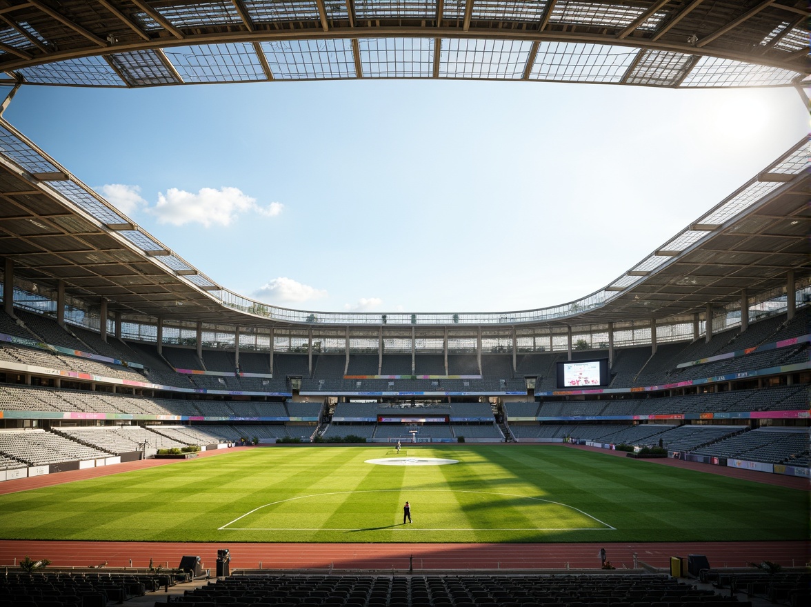 Prompt: Large sports stadium, retractable roof, transparent glass panels, natural light pouring in, vibrant green grass, athletic tracks, modern architecture, sleek lines, minimalist design, cantilevered upper decks, open-air concourses, panoramic views, soft warm lighting, shallow depth of field, 3/4 composition, realistic textures, ambient occlusion.