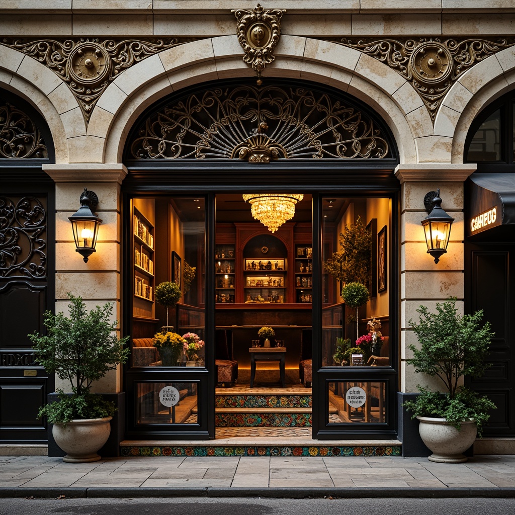 Prompt: Ornate pub facade, intricate stone carvings, grandiose entrance arches, ornamental metalwork, vibrant colorful tiles, eclectic mix of architectural styles, asymmetrical composition, irregular shapes, bold geometric patterns, rich textures, warm golden lighting, dramatic shadows, 1/1 composition, low-angle shot, cinematic atmosphere, realistic materials, ambient occlusion.