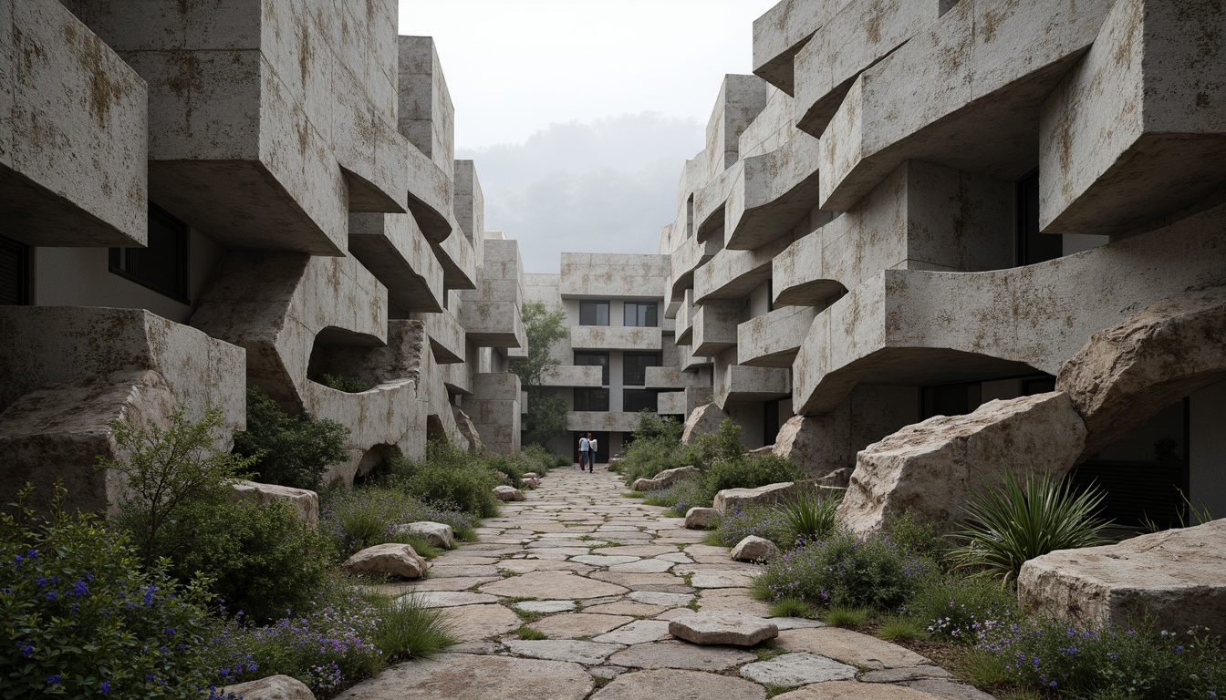 Prompt: Fragmented rocky formations, irregular stone walls, abstract sculptures, meandering pathways, overgrown vegetation, distressed metal accents, fractured concrete surfaces, dynamic angular lines, unconventional building forms, cantilevered structures, asymmetrical compositions, bold color contrasts, dramatic lighting effects, misty atmospheric conditions, shallow depth of field, 1/2 composition, wide-angle lens, high-contrast rendering, intricate texture details.