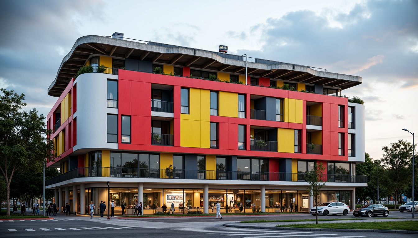 Prompt: Geometric stadium facade, bold primary colors, industrial materials, exposed steel beams, cantilevered roofs, asymmetrical compositions, functionalist aesthetics, minimalist ornamentation, rectangular forms, clean lines, brutalist influences, urban landscape, cloudy sky, dramatic lighting, high-contrast shadows, 1/2 composition, low-angle shot, realistic renderings, ambient occlusion.