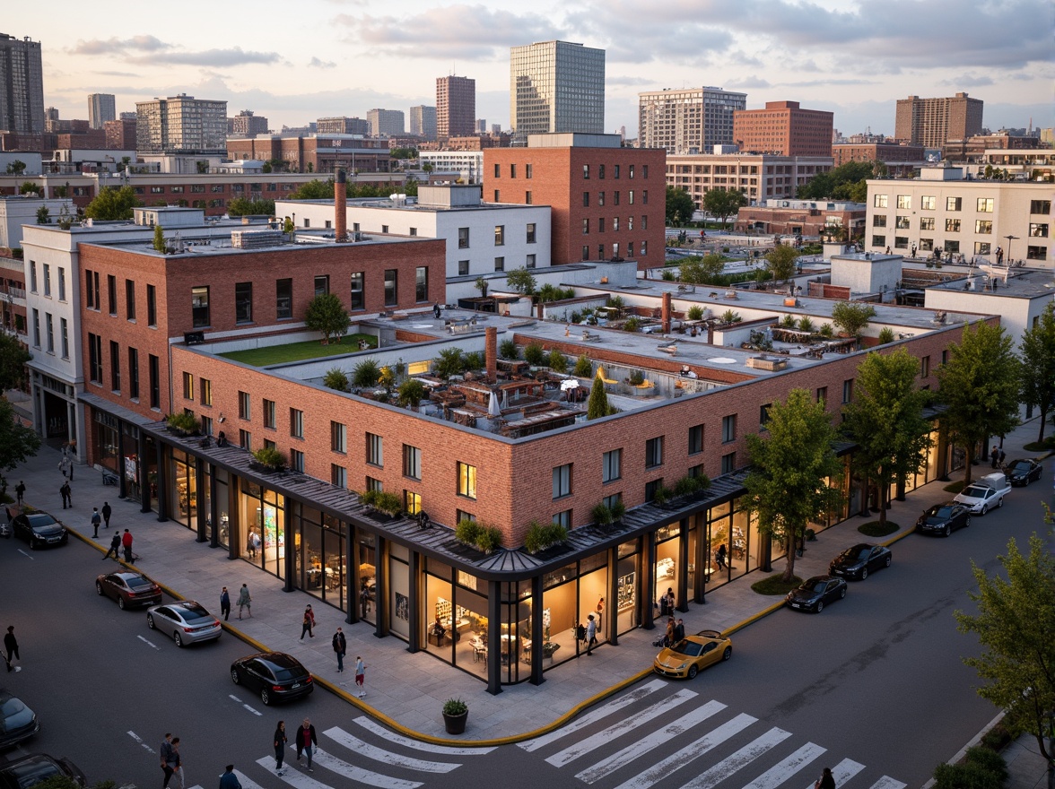 Prompt: Industrial heritage warehouse, exposed brick fa\u00e7ade, metal beams, reclaimed wood accents, urban cityscape, bustling streets, modern skyscrapers, vibrant street art, eclectic mix of old and new, adaptive reuse, converted lofts, trendy cafes, boutique shops, pedestrian-friendly sidewalks, bike lanes, green roofs, solar panels, industrial chic aesthetic, warm atmospheric lighting, shallow depth of field, 2/3 composition, cinematic view, realistic textures, ambient occlusion.