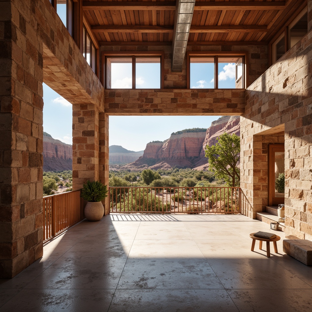 Prompt: Canyon-inspired building, rugged stone fa\u00e7ade, earthy tones, natural light pouring in, large windows, clerestory windows, skylights, open floor plans, minimalist interior design, industrial-style lighting fixtures, exposed ductwork, polished concrete floors, wooden accents, desert landscape views, red rock formations, vast open spaces, warm sunny day, soft diffused lighting, high contrast ratio, 1/1 composition, realistic textures, ambient occlusion.