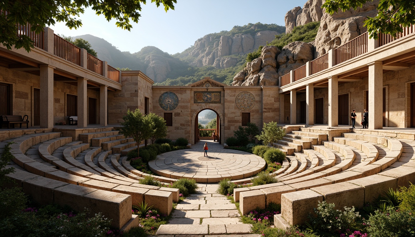 Prompt: Ancient Greek amphitheater, rustic stone seating, weathered wooden benches, natural rock formations, lush greenery, vibrant flowers, ornate marble columns, intricate mosaics, warm golden lighting, soft shadows, shallow depth of field, 3/4 composition, panoramic view, realistic textures, ambient occlusion, curved architecture, grandiose scale, dramatic acoustics, rustic metal railings, earthy color palette.