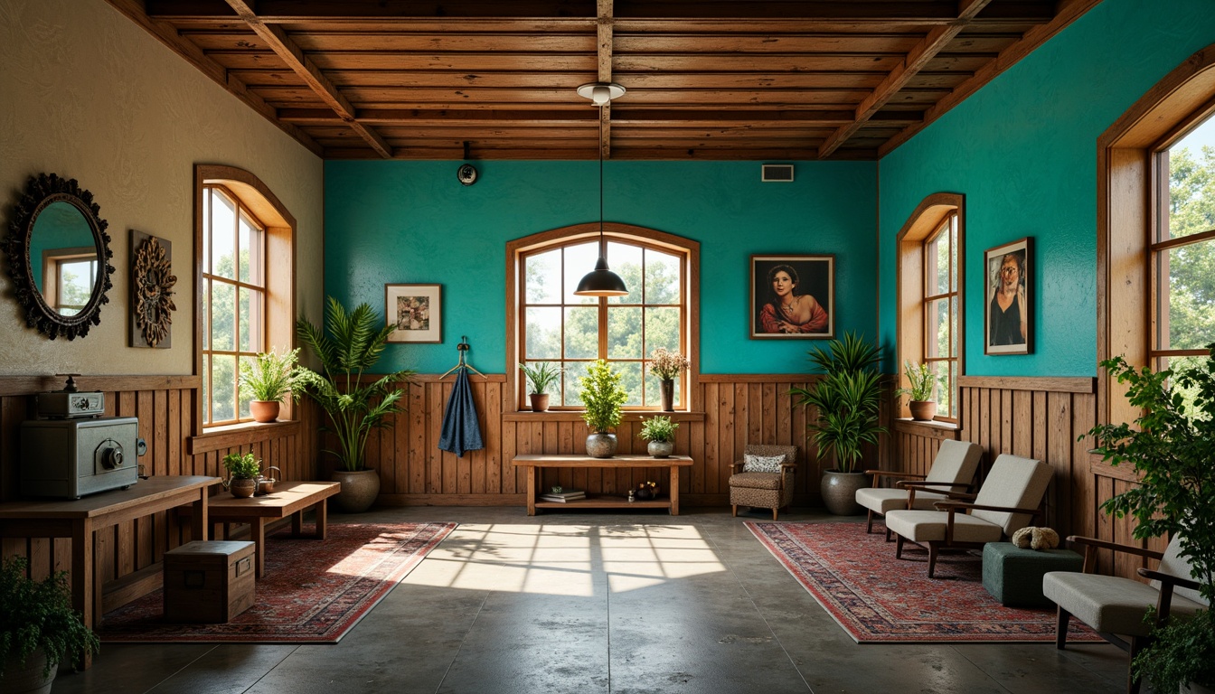 Prompt: Vibrant clinic, bold turquoise accents, warm beige walls, rich wood tones, eclectic art pieces, ornate metal fixtures, distressed finishes, abstract patterns, moody lighting, dramatic shadows, cinematic composition, 1/2 camera angle, high contrast ratio, gritty textures, ambient occlusion.