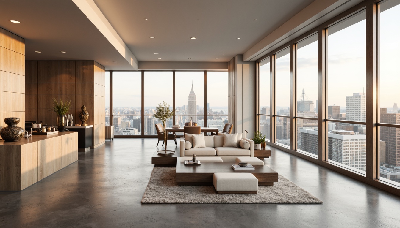 Prompt: Luxurious penthouse, modern minimalist decor, neutral color scheme, creamy whites, rich woods, metallic accents, floor-to-ceiling windows, breathtaking city views, soft warm lighting, 1/1 composition, shallow depth of field, realistic textures, ambient occlusion.