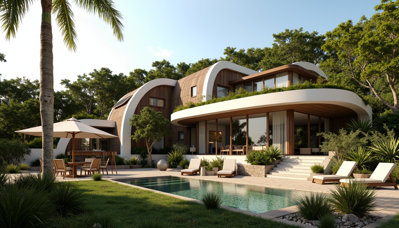 Prompt: Villa metabolism style, modern curved lines, green roofs, solar panels, natural stone walls, wooden accents, floor-to-ceiling windows, sliding glass doors, open-plan living spaces, minimalist decor, earthy color palette, lush greenery, tropical plants, warm sunny day, soft diffused lighting, shallow depth of field, 1/1 composition, realistic textures, ambient occlusion.