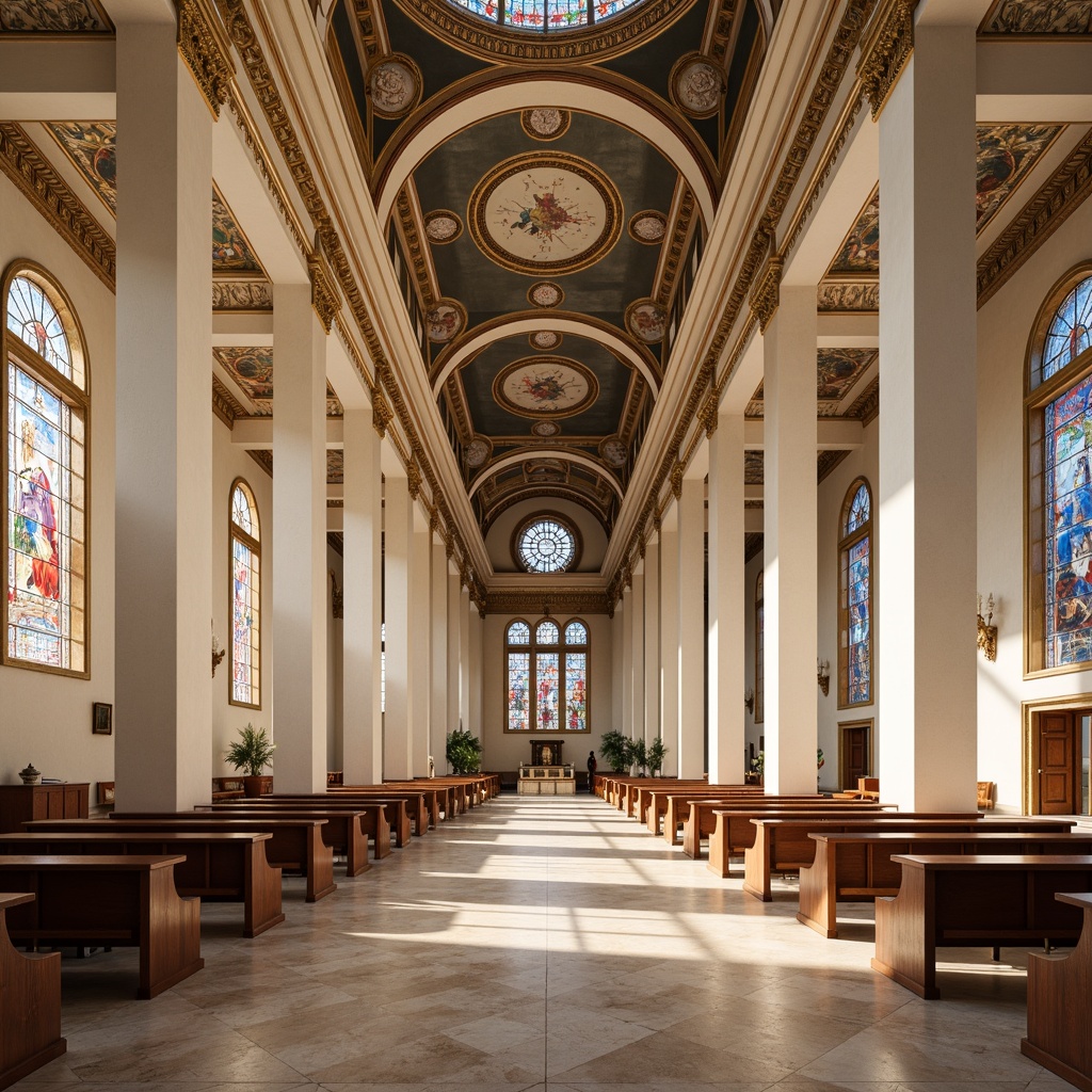 Prompt: Majestic neoclassical church, grandiose columns, ornate details, soft cream walls, rich gold accents, warm beige marble floors, stained glass windows, vibrant blue and red hues, intricate frescoes, high ceilings, dramatic archways, symmetrical composition, natural light pouring in, subtle shadows, realistic textures, ambient occlusion.