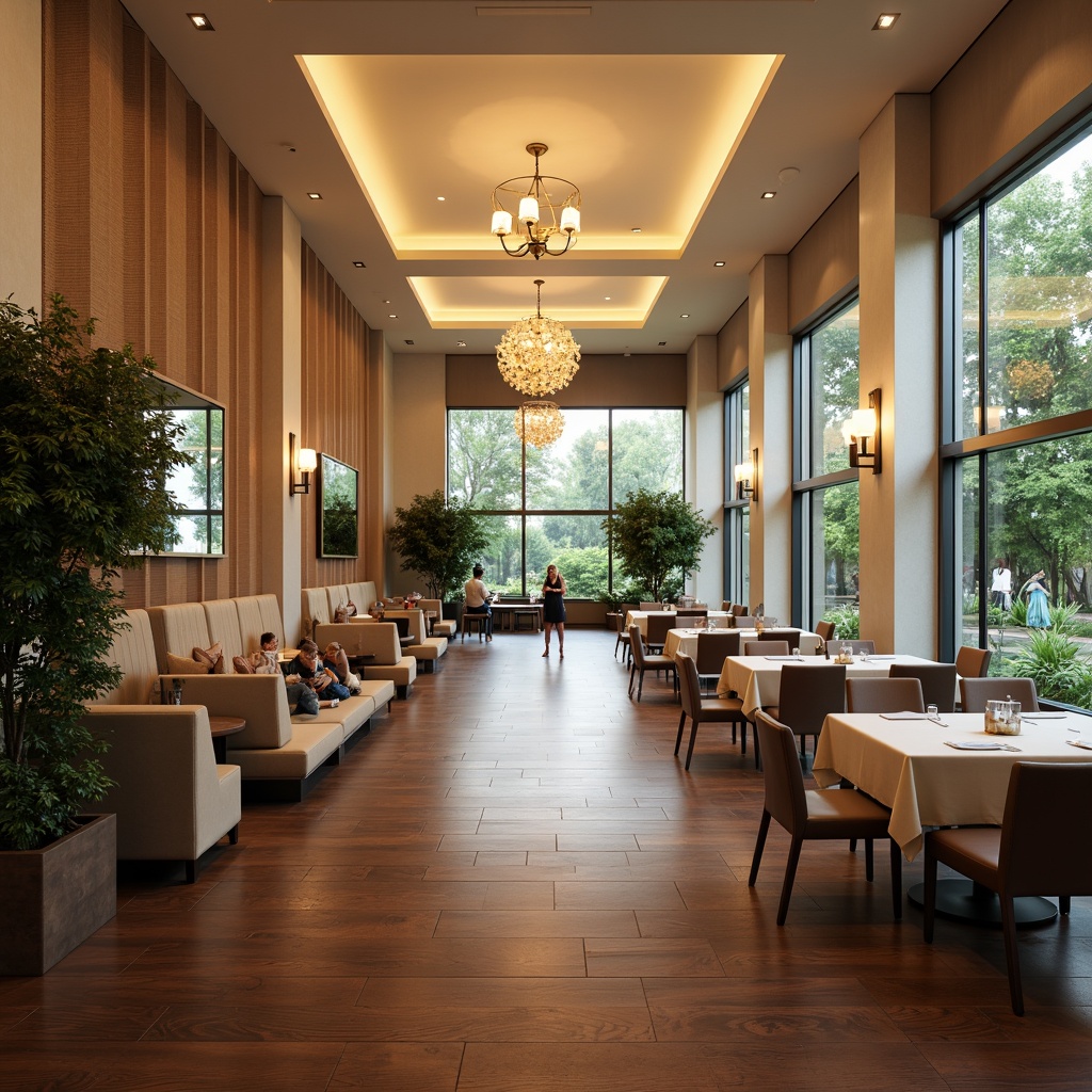 Prompt: Spacious dining hall, elegant chandeliers, polished wooden floors, comfortable seating areas, rectangular tables, upholstered chairs, decorative centerpieces, warm ambient lighting, soft cream colors, modern minimalist decor, floor-to-ceiling windows, natural daylight, lush greenery views, subtle textures, 1/2 composition, shallow depth of field, realistic reflections.