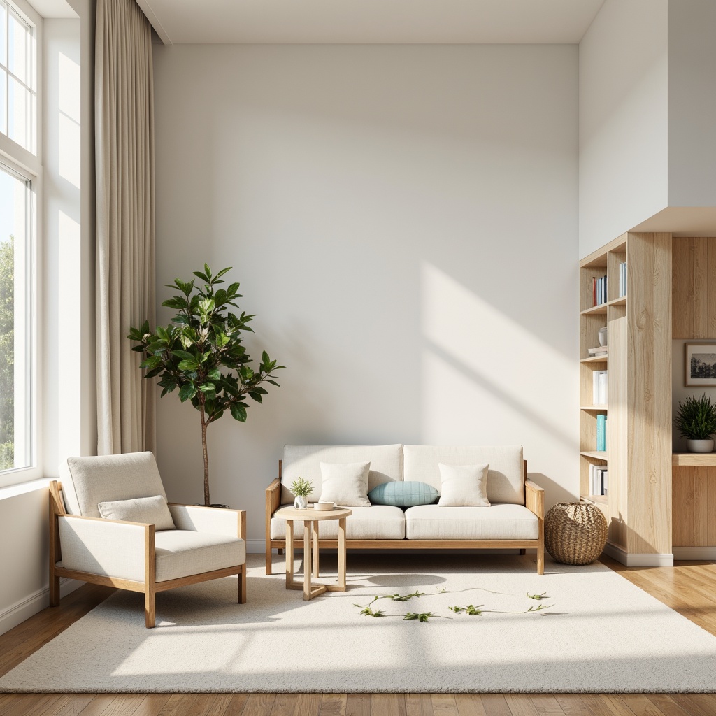 Prompt: Soft creamy whites, warm beige tones, powder blue accents, subtle gold metallic hints, natural linen textures, elegant modern furniture, minimalist decor, airy open spaces, abundant natural light, gentle warm shadows, 1/1 composition, soft focus, realistic renderings, ambient occlusion.