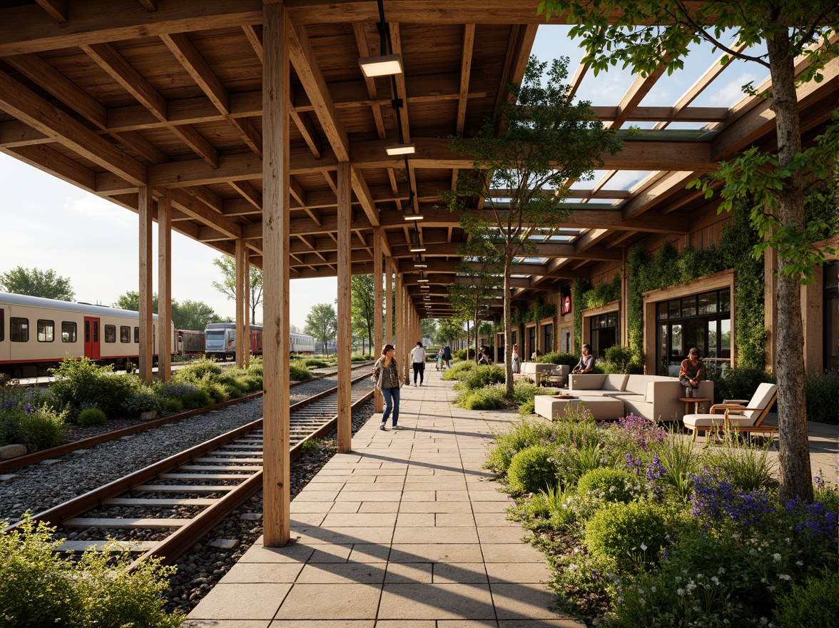 Prompt: Rustic train station, reclaimed wood accents, living green walls, natural stone flooring, earthy color palette, organic shapes, curved lines, eco-friendly materials, solar panels, rainwater harvesting systems, wind turbines, energy-efficient lighting, large skylights, clerestory windows, open-air platforms, lush vegetation, wildflowers, native plants, serene atmosphere, soft warm lighting, shallow depth of field, 3/4 composition, panoramic view, realistic textures, ambient occlusion.