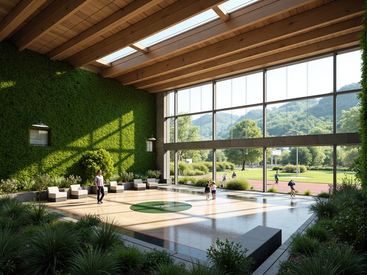 Prompt: Vibrant gymnasium interior, lush green walls, natural stone flooring, wooden accents, floor-to-ceiling windows, abundant daylight, panoramic views, outdoor landscape integration, rolling hills, verdant meadows, serene water features, walking trails, athletic tracks, sports equipment, modern architecture, minimalist design, eco-friendly materials, sustainable energy solutions, solar panels, shaded outdoor spaces, misting systems, realistic textures, ambient occlusion, shallow depth of field, 3/4 composition.