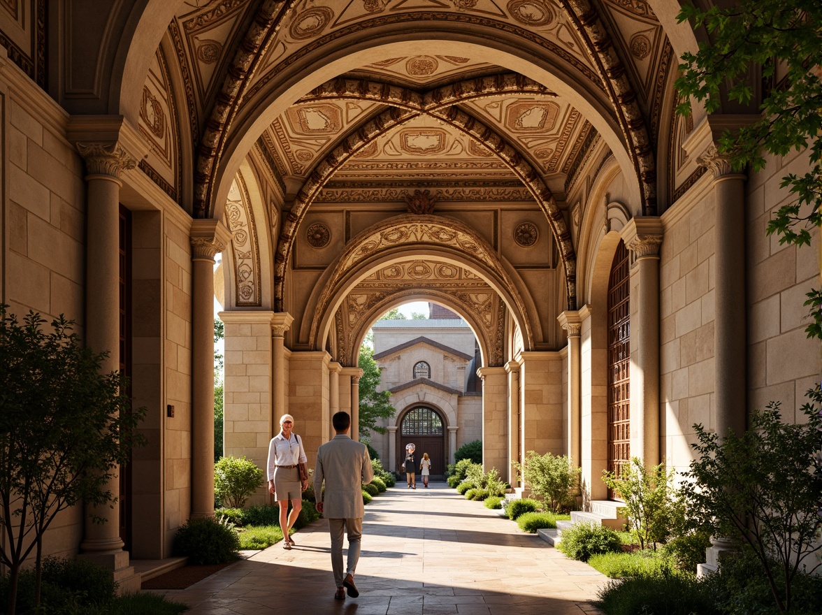 Prompt: Grandiose entrance, ancient Romanesque architecture, ornate stone carvings, majestic archways, imposing columns, intricate mosaics, warm golden lighting, shallow depth of field, 1/1 composition, symmetrical framing, dramatic shadows, rustic stone walls, lush greenery, blooming flowers, sunny day, soft warm atmosphere, ambient occlusion.