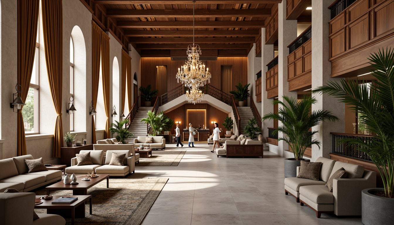 Prompt: Luxurious hotel lobby, rich wood tones, ornate furnishings, velvet drapes, golden accents, crystal chandeliers, marble floors, soft warm lighting, elegant archways, grand staircases, neoclassical columns, subtle patterned rugs, muted earthy colors, creamy whites, deep blues, emerald greens, warm beige, sophisticated ambiance, refined details, ornamental moldings, lavish textiles, intricate carvings.