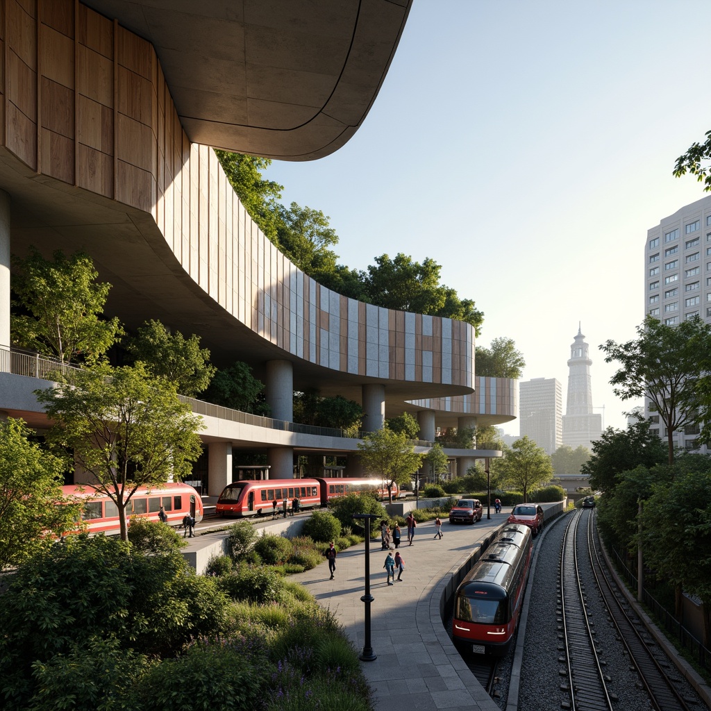 Prompt: Futuristic train station, blob-like architecture, undulating curves, green roofs, lush vegetation, natural stone walls, wooden accents, modern glass facades, cantilevered structures, elevated walkways, panoramic views, vibrant urban landscape, bustling cityscape, morning sunlight, soft warm lighting, shallow depth of field, 3/4 composition, realistic textures, ambient occlusion.