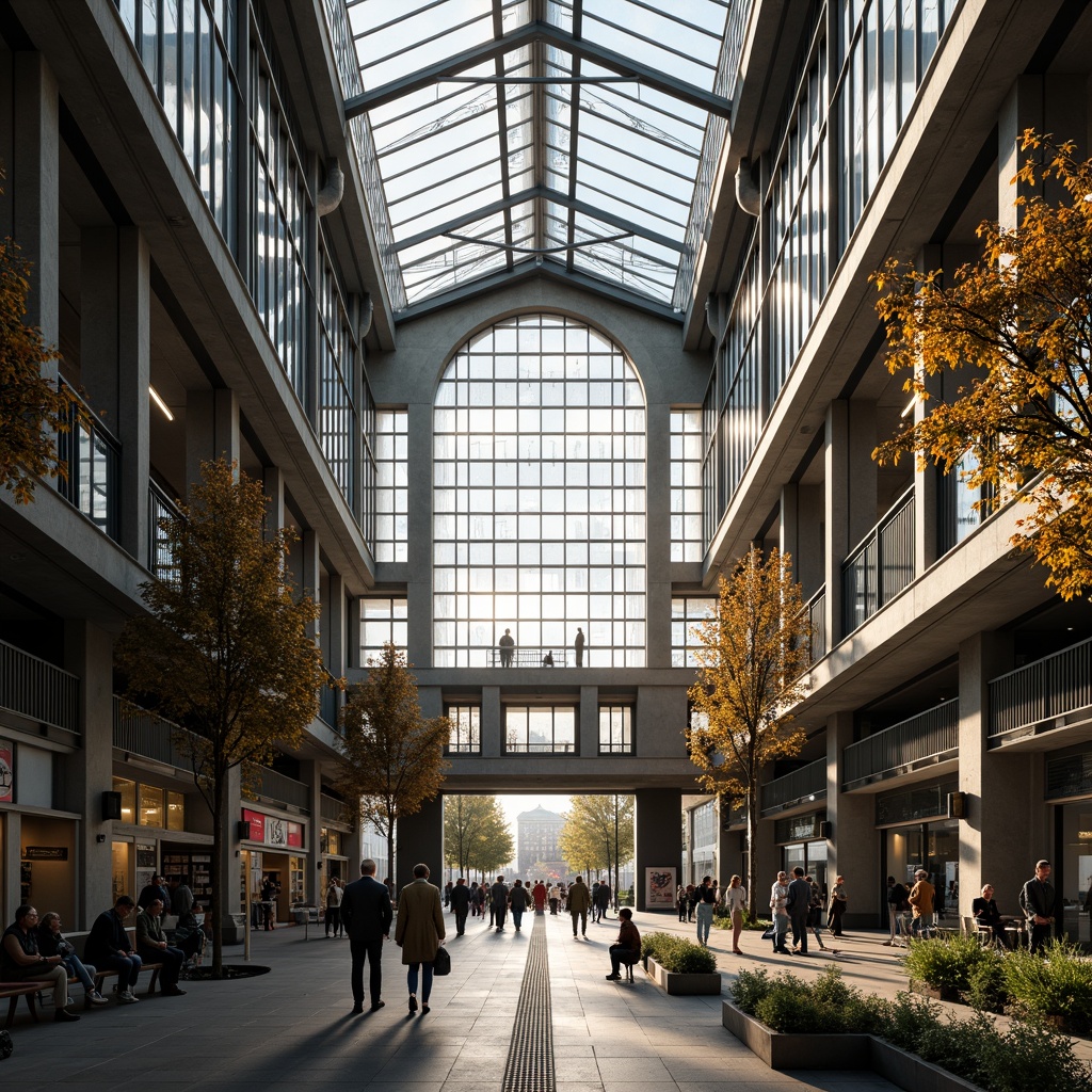 Prompt: Grand train station, high ceilings, large windows, natural light pouring in, steel beams, industrial architecture, modern design, urban atmosphere, busy commuters, rush hour scene, soft warm lighting, shallow depth of field, 1/1 composition, realistic textures, ambient occlusion, glass roofs, skylights, clerestory windows, open spaces, pedestrian walkways, public art installations, urban furniture, greenery, plants, trees.