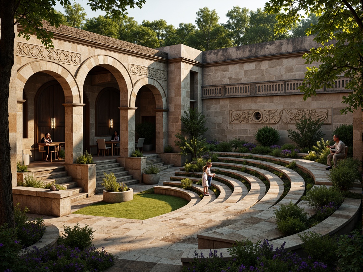 Prompt: Rustic stone amphitheater, Romanesque arches, ornate carvings, grand entrance gates, weathered stone walls, moss-covered steps, lush greenery, vibrant flowers, natural stone seating, curved rows of benches, dramatic spotlights, warm golden lighting, shallow depth of field, 1/2 composition, symmetrical framing, realistic textures, ambient occlusion.