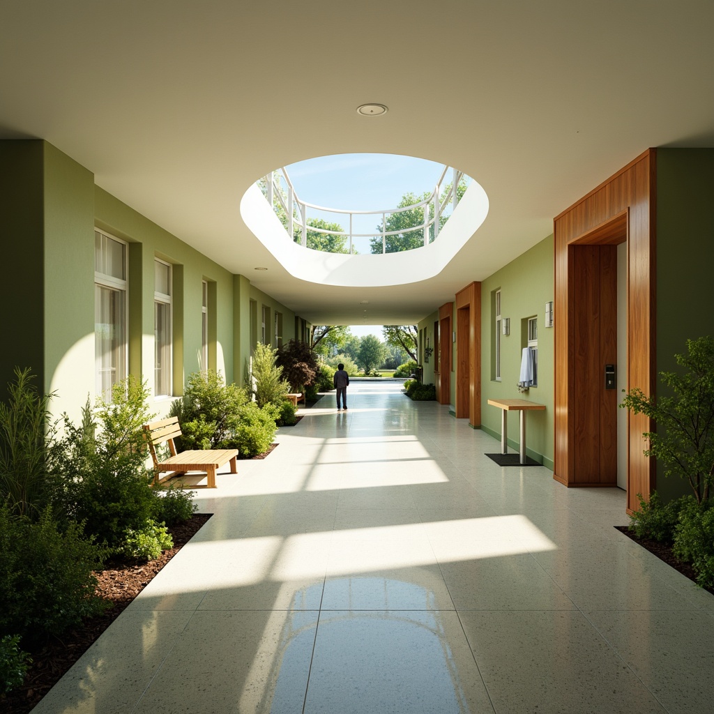 Prompt: Natural light-filled hospital corridors, calming green walls, wooden accents, comfortable patient rooms, soft warm lighting, gentle curves, minimal ornamentation, eco-friendly materials, energy-efficient systems, rainwater harvesting, green roofs, solar panels, wind turbines, natural ventilation, open spaces, serene water features, peaceful gardens, modern medical equipment, sleek metal surfaces, subtle color schemes, shallow depth of field, 3/4 composition, realistic textures, ambient occlusion.