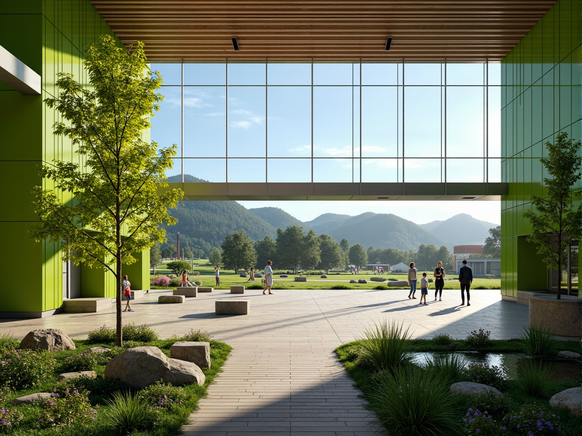 Prompt: Vibrant gymnasium interior, lush green walls, natural stone flooring, wooden accents, floor-to-ceiling windows, abundant daylight, panoramic views, outdoor landscape integration, rolling hills, verdant meadows, serene water features, walking trails, athletic tracks, sports equipment, modern architecture, minimalist design, eco-friendly materials, sustainable energy solutions, solar panels, shaded outdoor spaces, misting systems, realistic textures, ambient occlusion, shallow depth of field, 3/4 composition.