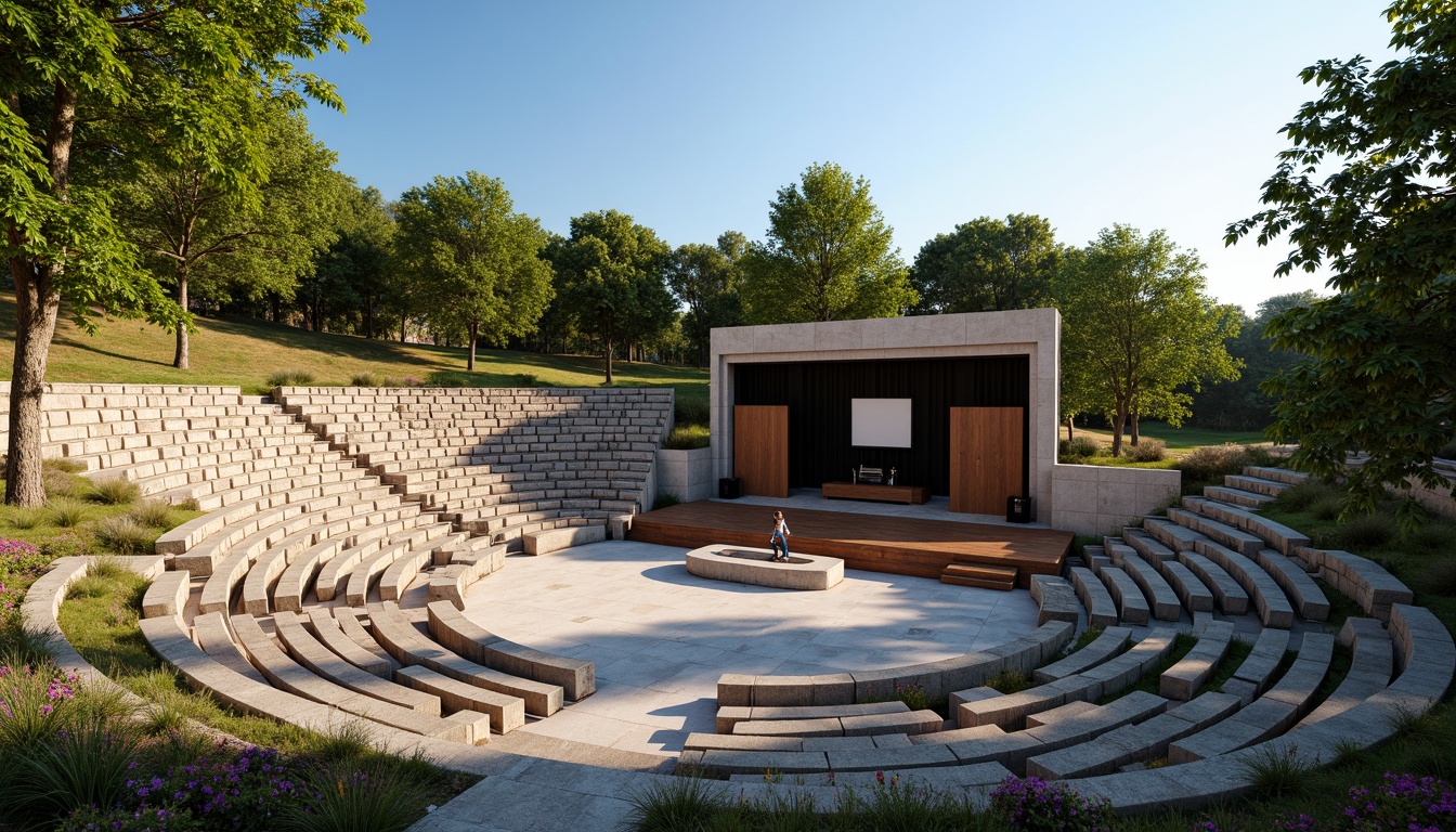 Prompt: Natural stone amphitheater, tiered seating, lush greenery surroundings, warm sunny day, clear blue sky, gentle breeze, sound-reflecting surfaces, optimized speaker placement, curved acoustic panels, wooden stage flooring, comfortable audience seating, intimate performance setting, soft warm lighting, shallow depth of field, 3/4 composition, panoramic view, realistic textures, ambient occlusion.