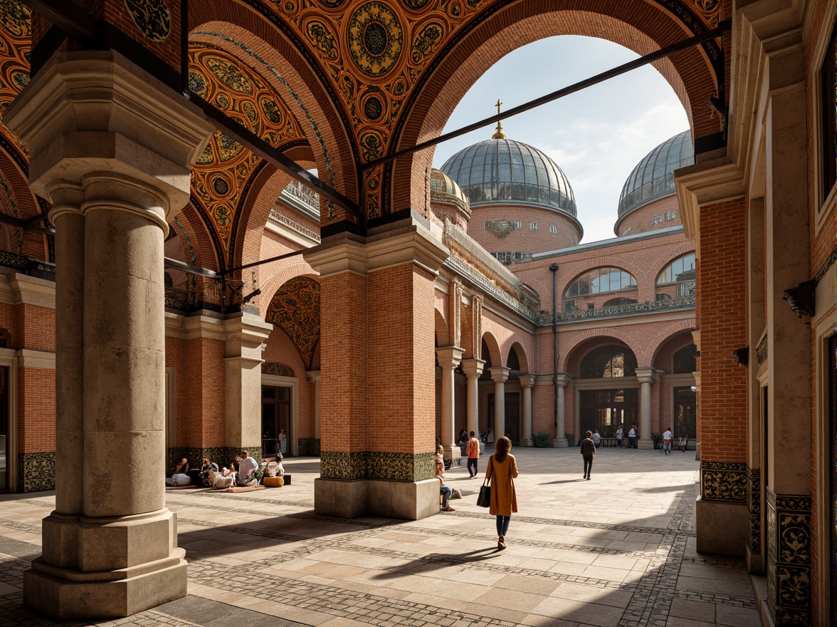 Prompt: Intricate Byzantine architecture, ornate brick patterns, warm earthy tones, rustic textures, grand arches, majestic domes, richly decorated facades, ornamental columns, vibrant mosaic tiles, golden accents, soft warm lighting, shallow depth of field, 1/1 composition, realistic textures, ambient occlusion.