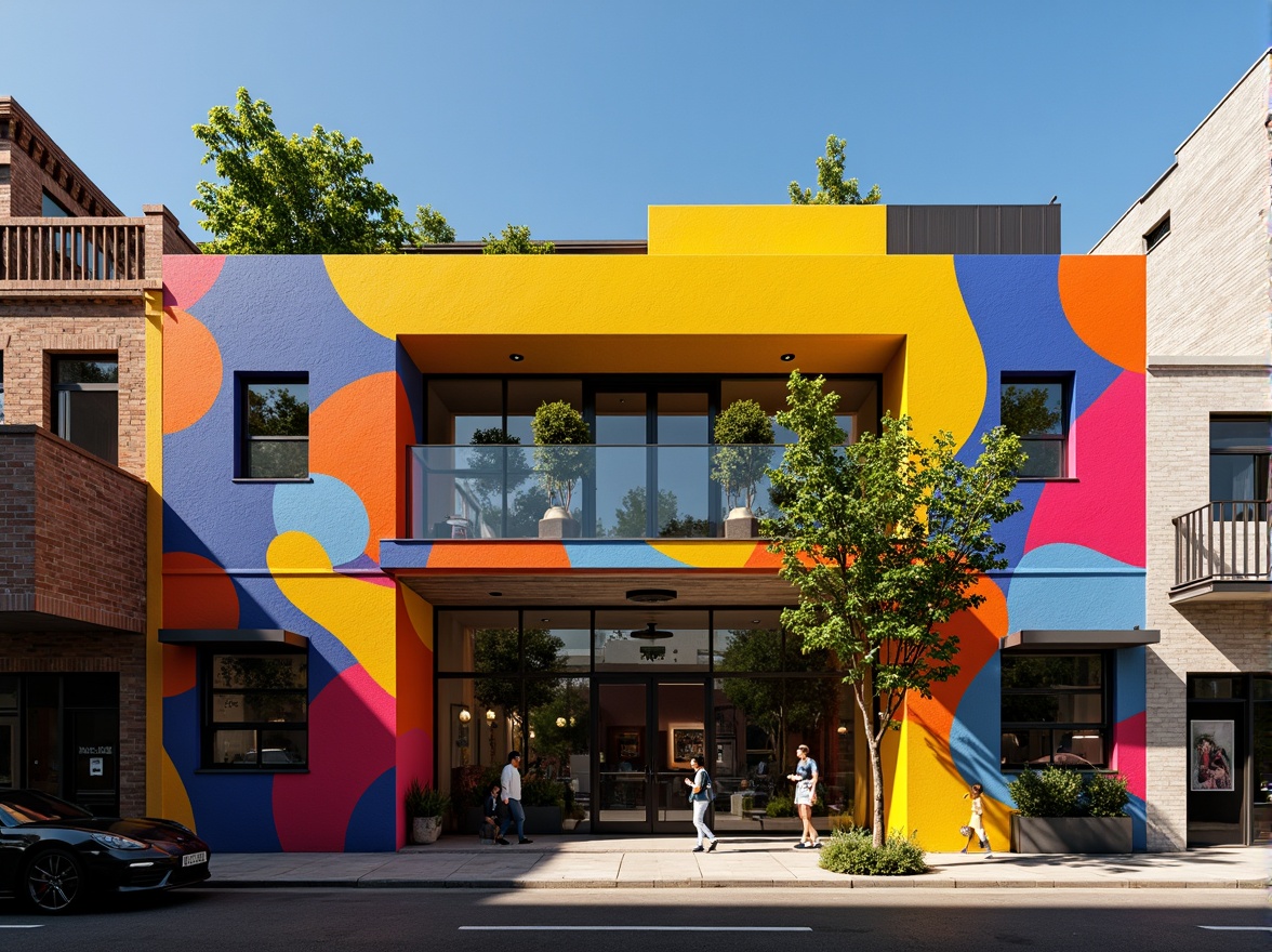 Prompt: Vibrant storefront, expressive asymmetrical facade, bold geometric shapes, bright primary colors, abstract patterns, dynamic angular lines, irregular forms, eclectic mix of materials, industrial metal accents, reclaimed wood textures, urban cityscape, bustling streets, pedestrian traffic, morning sunlight, high-contrast shadows, dramatic spotlighting, 1/2 composition, low-angle shot, gritty realistic rendering.