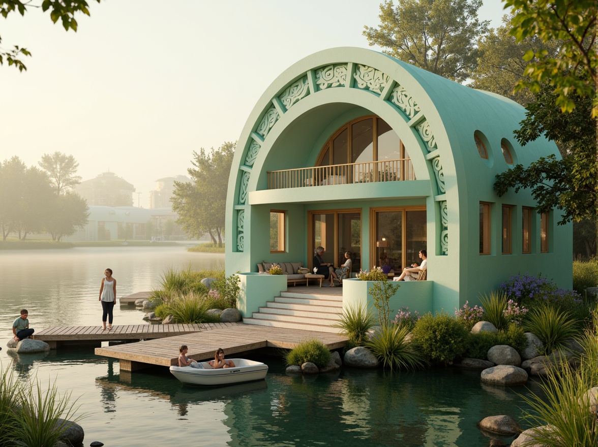 Prompt: Whimsical boathouse, soft mint green exterior, ornate Art Nouveau details, flowing curves, organic forms, delicate filigree, pastel color scheme, creamy whites, pale blues, warm beige accents, rustic wooden docks, lush water plants, serene lake surroundings, misty morning atmosphere, warm golden lighting, shallow depth of field, 1/2 composition, romantic soft focus, intricate textures, subtle ambient occlusion.