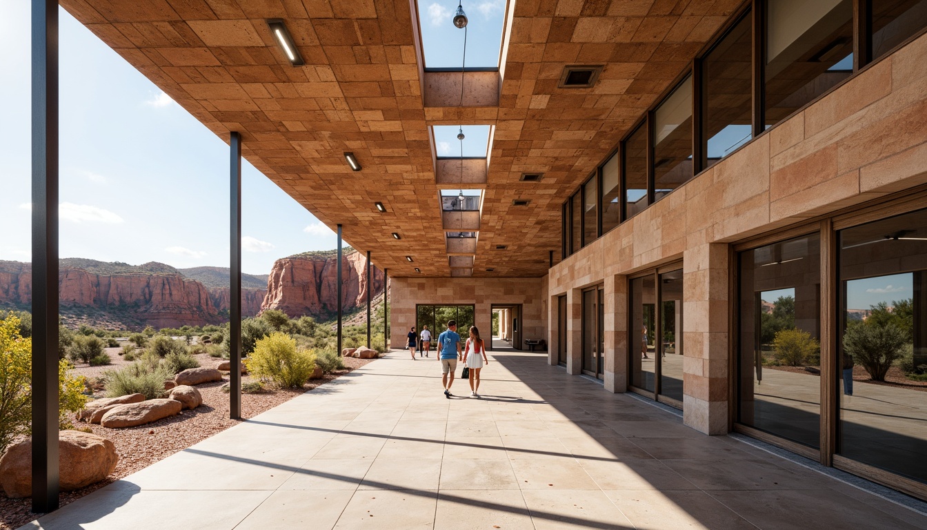 Prompt: Canyon-inspired building, rugged stone fa\u00e7ade, earthy tones, natural light pouring in, large windows, clerestory windows, skylights, open floor plans, minimalist interior design, industrial-style lighting fixtures, exposed ductwork, polished concrete floors, wooden accents, desert landscape views, red rock formations, vast open spaces, warm sunny day, soft diffused lighting, high contrast ratio, 1/1 composition, realistic textures, ambient occlusion.