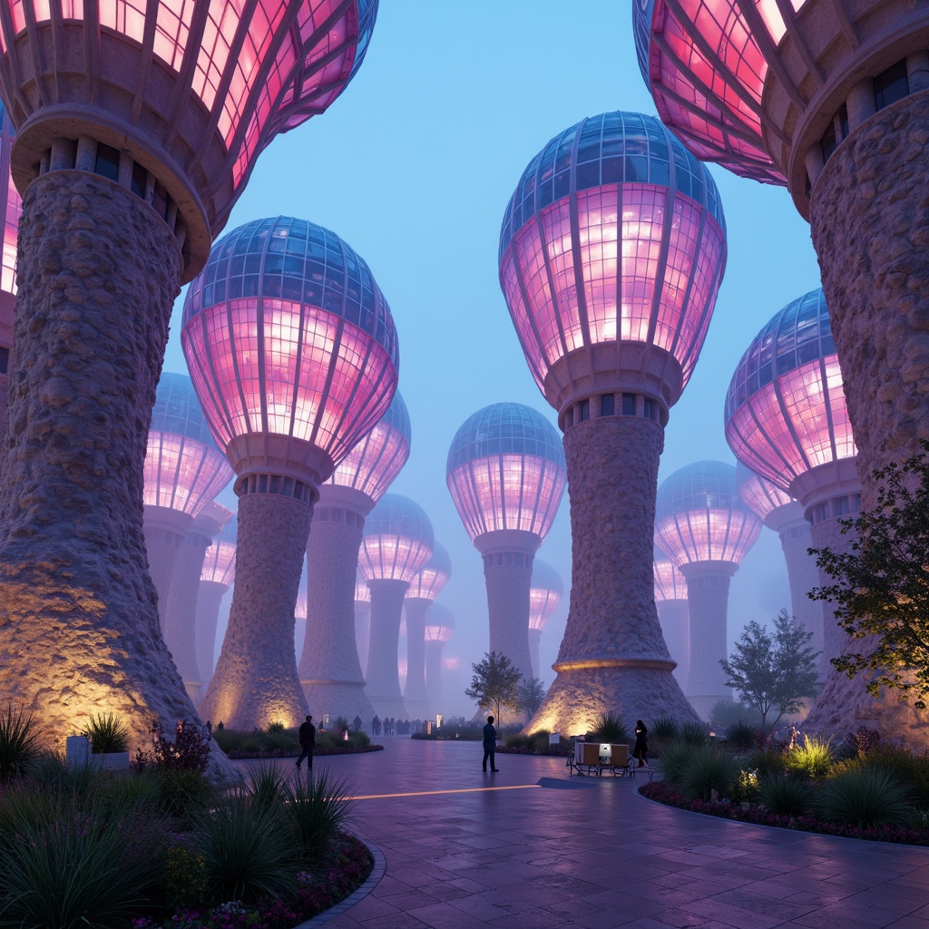 Prompt: Organic, curvaceous towers, iridescent colors, shimmering effects, translucent materials, futuristic architecture, undulating structures, amoeba-inspired shapes, glowing accents, neon lights, misty atmosphere, dreamy ambiance, soft focus, shallow depth of field, 1/1 composition, symmetrical view, vibrant textures, ambient occlusion.