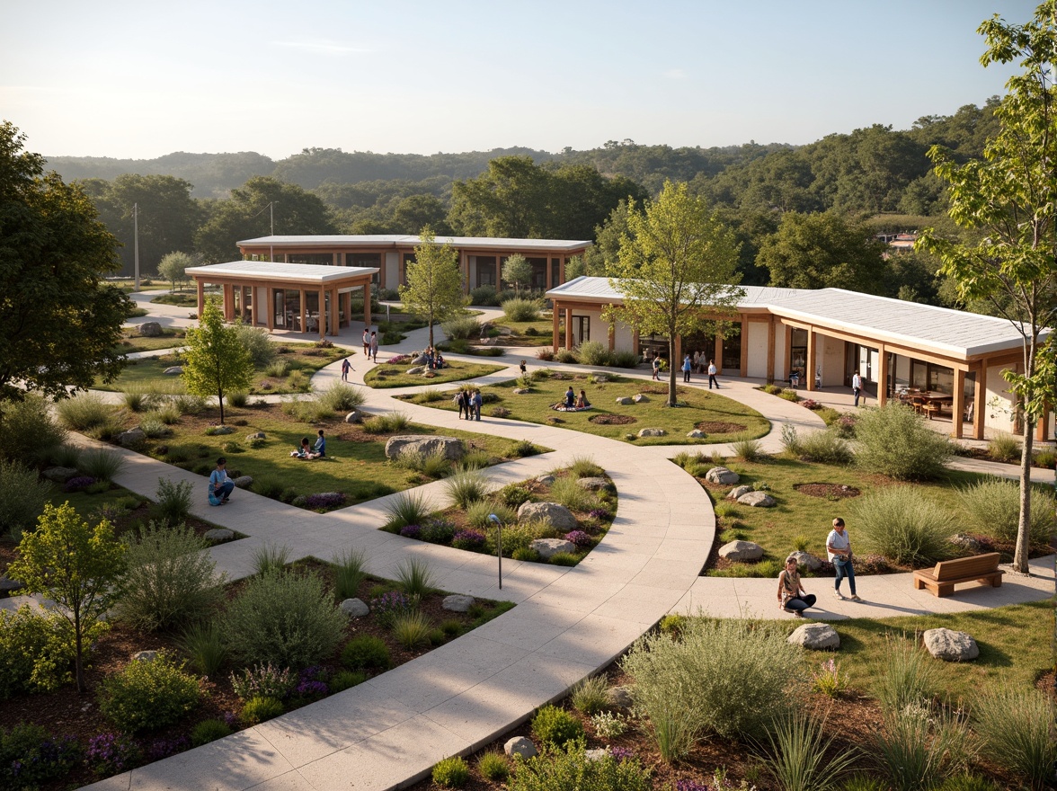 Prompt: Visitor center, harmonious landscape integration, natural stone walls, wooden accents, green roofs, native plant species, meandering walkways, scenic overlooks, educational signage, interactive exhibits, panoramic views, abundant natural light, warm earthy tones, organic architecture, curved lines, minimalist design, sustainable building materials, rainwater harvesting systems, geothermal heating, shaded outdoor spaces, misting systems, rustic wooden benches, interpretive trails, wildlife viewing areas, serene atmosphere, soft warm lighting, shallow depth of field, 3/4 composition.