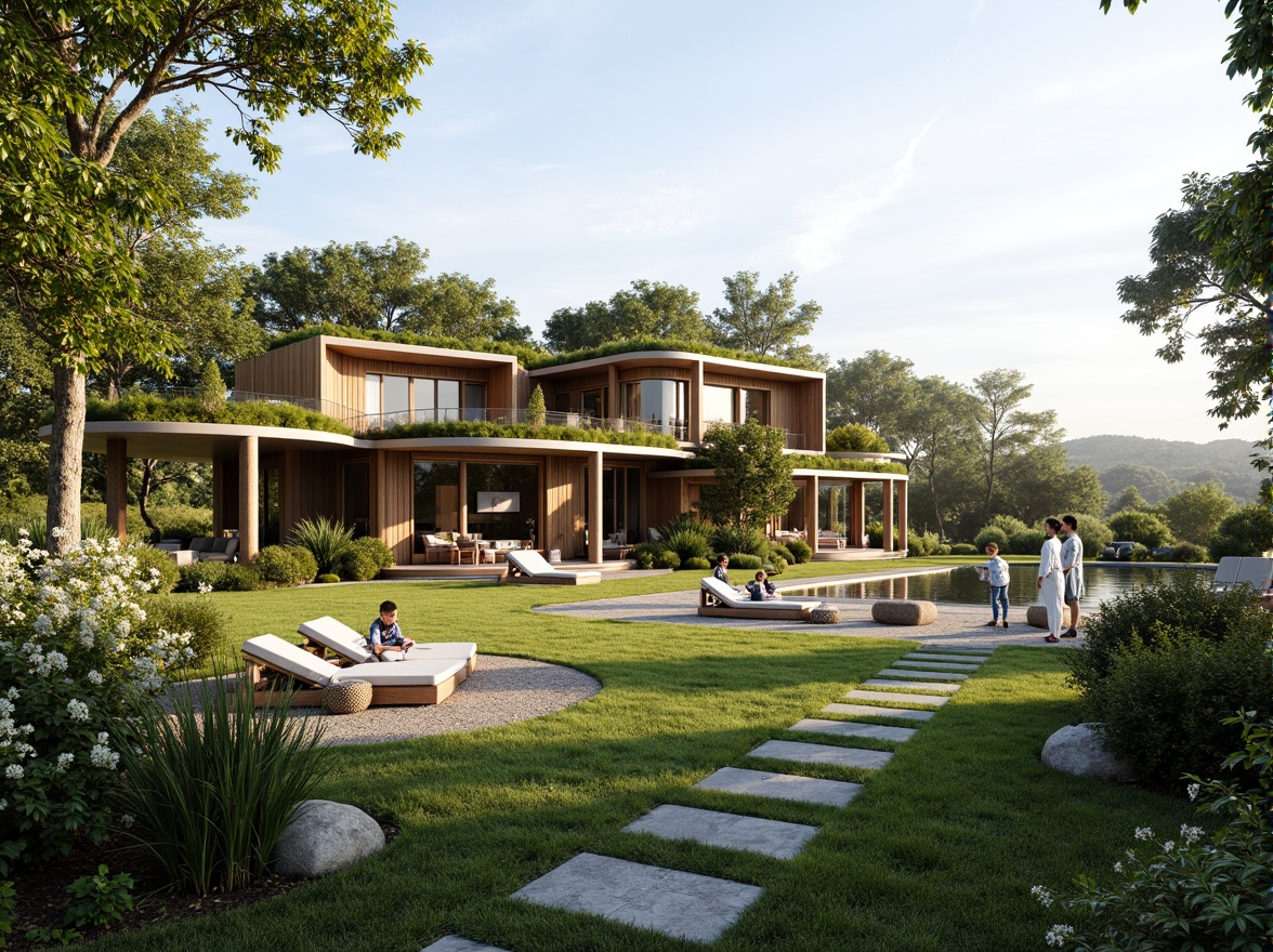 Prompt: Organic villa facade, curved lines, biomimetic forms, natural materials, reclaimed wood, living walls, green roofs, solar panels, wind turbines, water harvesting systems, eco-friendly insulation, large windows, sliding glass doors, panoramic views, soft warm lighting, shallow depth of field, 3/4 composition, realistic textures, ambient occlusion, lush vegetation, blooming flowers, serene atmosphere, sunny day, gentle breeze.