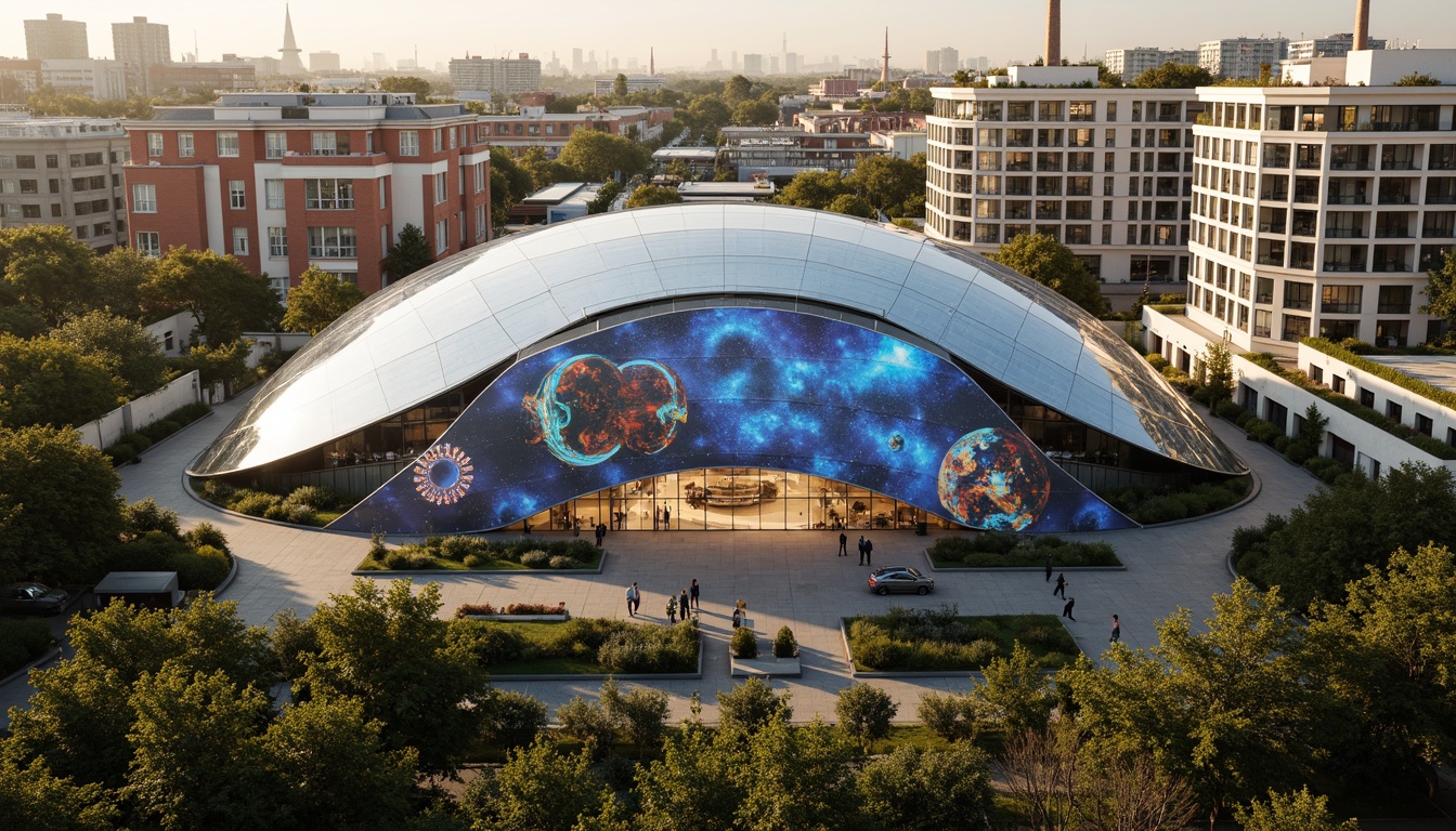 Prompt: Curved planetarium dome, futuristic architecture, iridescent glass facade, LED light installations, celestial patterned walls, astronomical observatory, social housing complex, modern residential buildings, green roofs, solar panels, wind turbines, community gardens, public art installations, vibrant colorful murals, geometric patterned balconies, cantilevered structures, urban landscape, cityscape views, warm golden lighting, shallow depth of field, 1/1 composition, realistic textures, ambient occlusion.