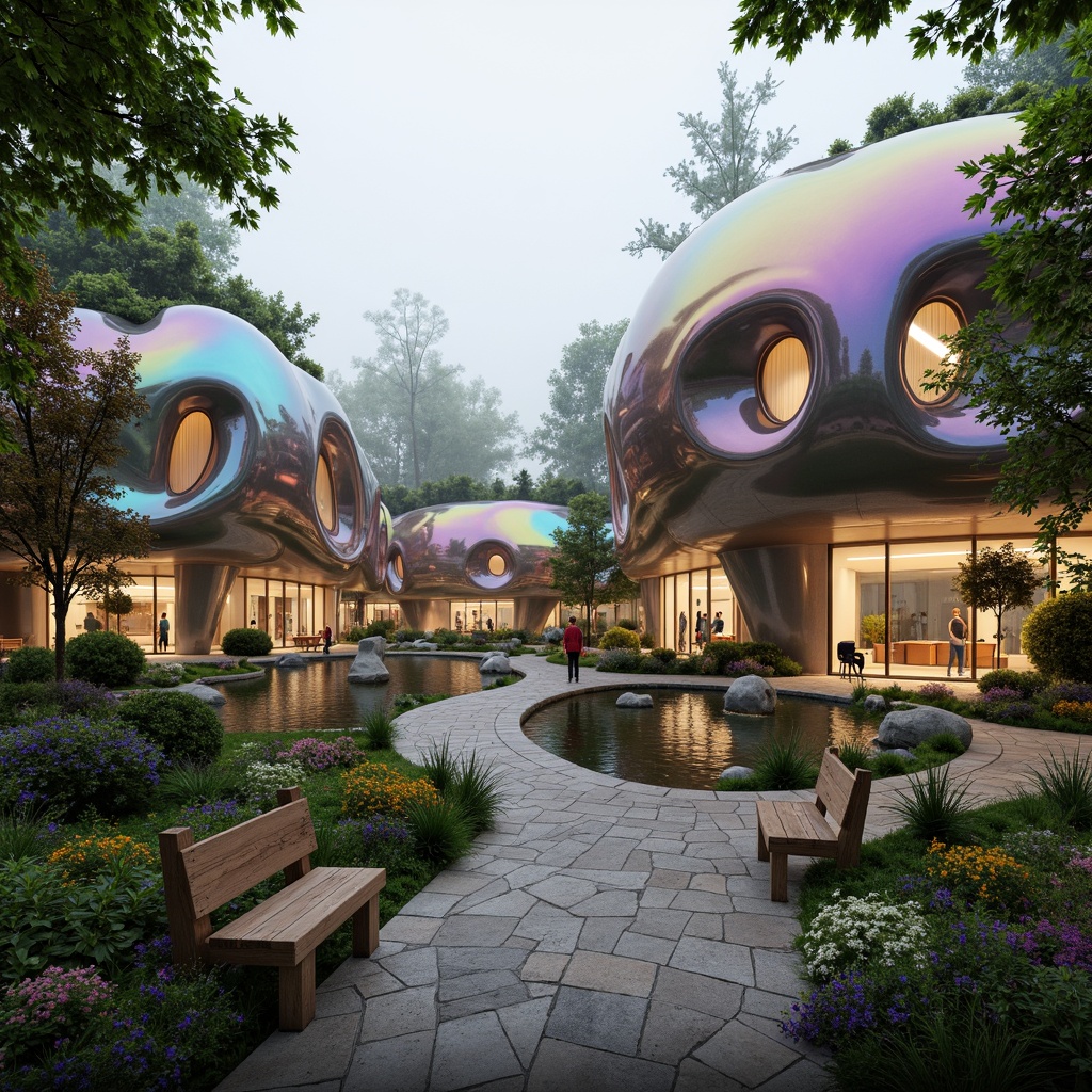 Prompt: Organic blob-shaped buildings, futuristic architecture, iridescent colors, glossy surfaces, undulating curves, natural stone foundations, lush green roofs, cascading water features, serene forest surroundings, misty atmosphere, soft warm lighting, shallow depth of field, 3/4 composition, panoramic view, realistic textures, ambient occlusion, vibrant floral arrangements, meandering pathways, rustic wooden benches, eclectic sculptures, whimsical street furniture.