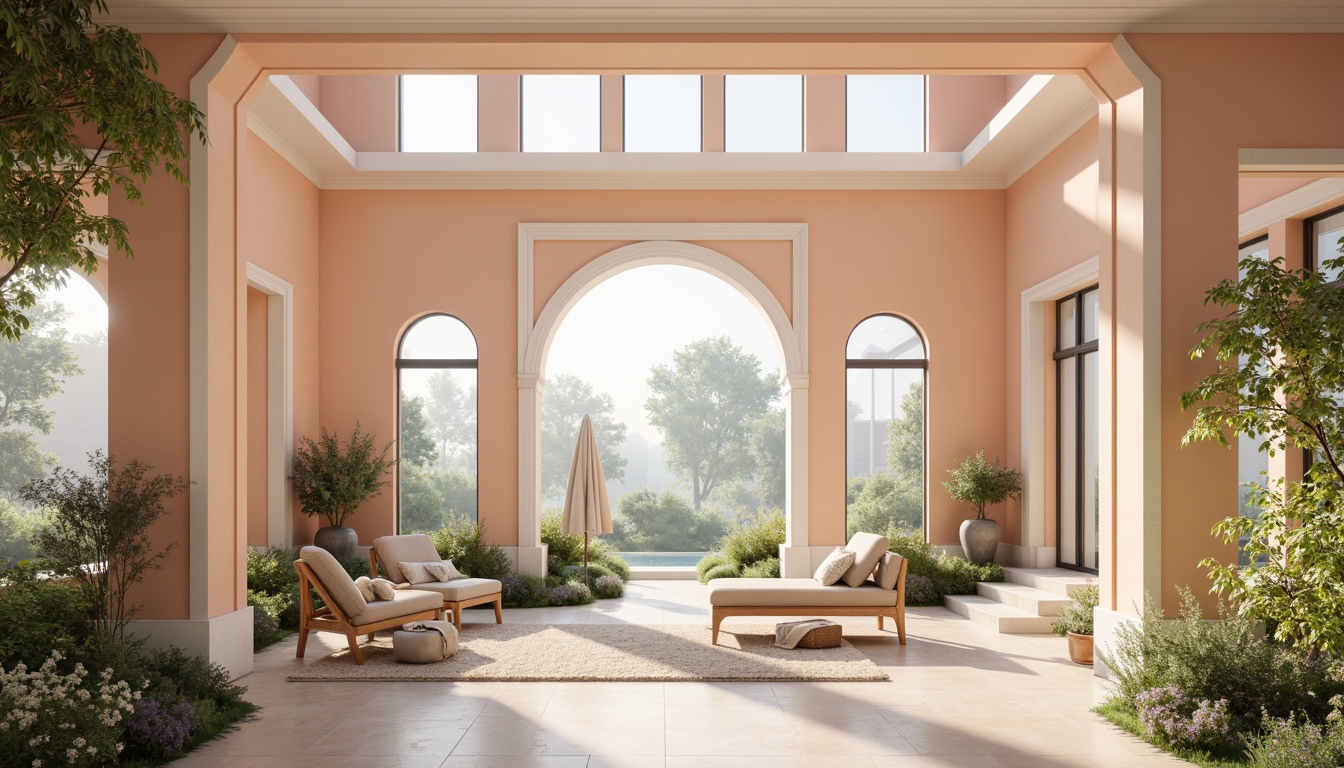 Prompt: Soft peach walls, creamy white trim, pale lavender accents, warm beige floors, natural wood furniture, lush greenery, delicate florals, gentle water features, serene ambient lighting, soft misty atmosphere, shallow depth of field, 1/1 composition, realistic textures, subtle color gradations, calming mood, peaceful ambiance.