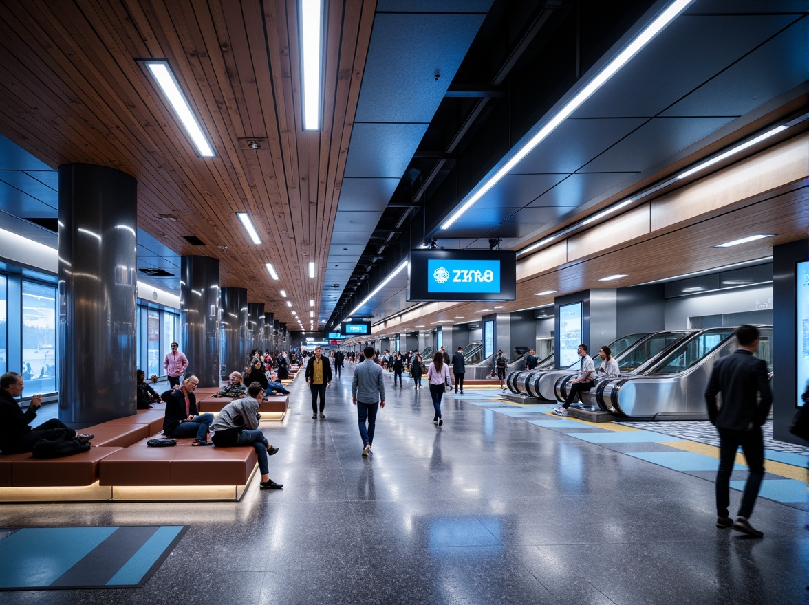 Prompt: Urban metro station, modern architecture, sleek metal columns, polished concrete floors, bright LED lighting, vibrant color scheme, geometric patterns, futuristic ambiance, bustling atmosphere, rush hour crowds, dynamic escalators, stainless steel handrails, glass partitions, minimalist signage, digital displays, real-time information boards, comfortable seating areas, natural stone accents, warm wood tones, industrial chic aesthetic, high-contrast lighting, dramatic shadows, 1/2 composition, shallow depth of field, realistic textures, ambient occlusion.