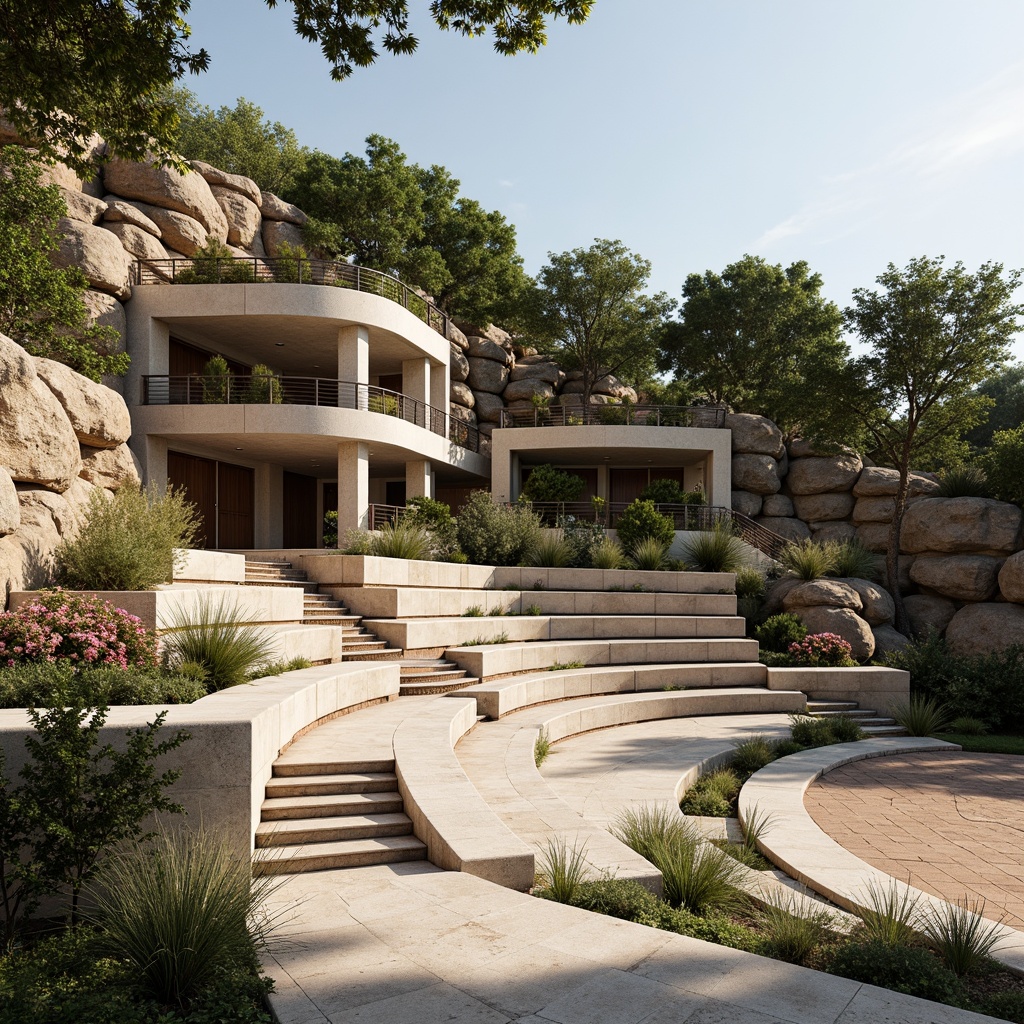 Prompt: Amphitheater-inspired constructivist architecture, grandiose stone steps, curved seating areas, ornate metal railings, lush greenery, vibrant flowers, natural rock formations, rustic wooden accents, earthy color palette, warm sunny day, soft diffused lighting, shallow depth of field, 3/4 composition, panoramic view, realistic textures, ambient occlusion.