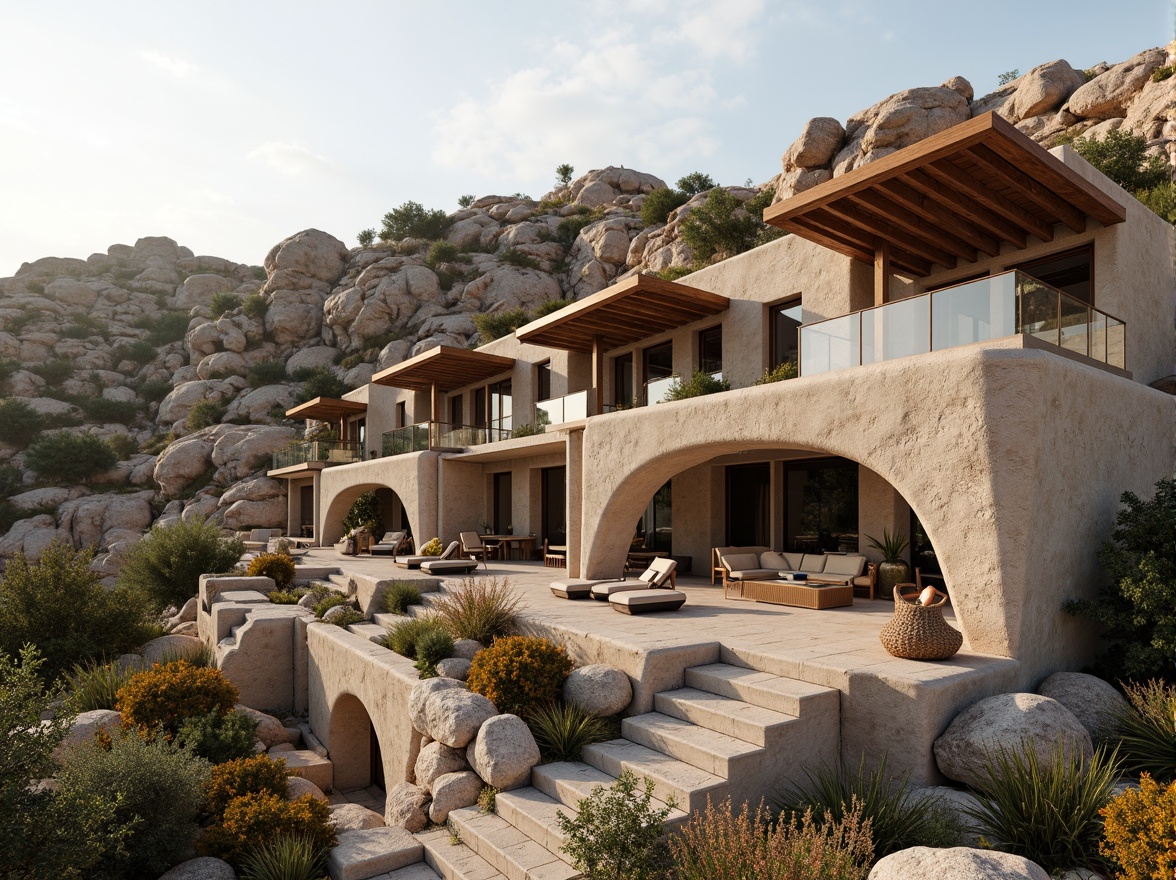 Prompt: Rustic hillside, natural stone walls, earthy tones, organic curves, cantilevered roofs, large overhangs, wooden accents, steel beams, minimalist decor, floor-to-ceiling windows, sliding glass doors, panoramic views, surrounding landscape, native vegetation, winding pathways, outdoor seating areas, soft warm lighting, shallow depth of field, 3/4 composition, realistic textures, ambient occlusion.