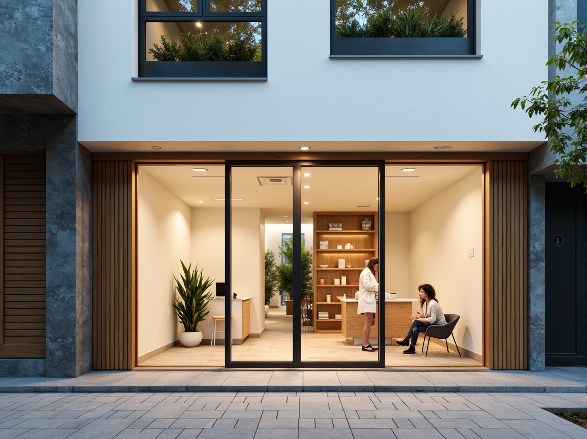 Prompt: Simple dental clinic facade, clean lines, minimal ornamentation, large glass windows, sliding doors, neutral color palette, white walls, wooden accents, subtle textures, natural stone flooring, modern LED lighting, soft warm ambiance, shallow depth of field, 1/1 composition, realistic reflections, ambient occlusion, urban cityscape, morning sunlight, gentle shadows.