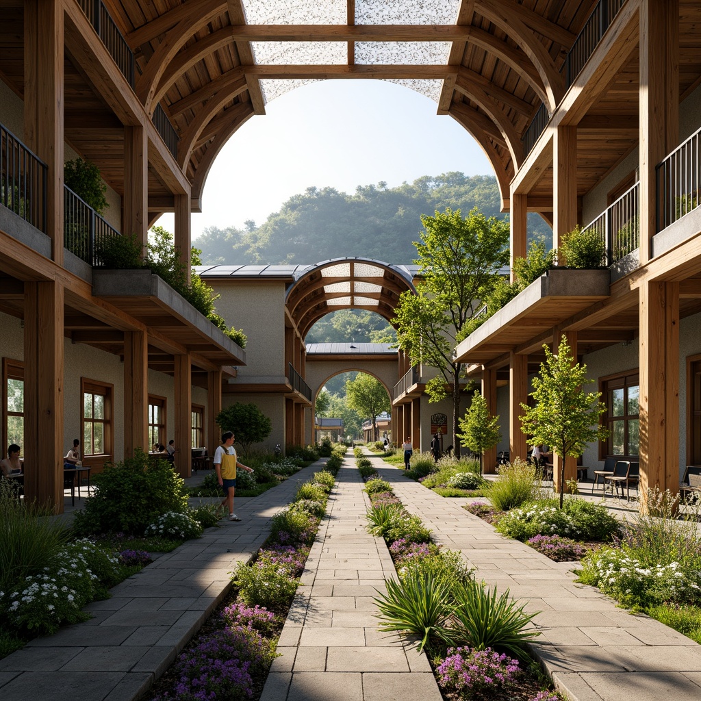 Prompt: Rustic train station, reclaimed wood accents, living green walls, natural stone flooring, earthy color palette, organic shapes, curved lines, eco-friendly materials, solar panels, rainwater harvesting systems, wind turbines, energy-efficient lighting, large windows, clerestory roofs, open-air platforms, lush vegetation, native plants, wildflowers, sunny day, soft warm lighting, shallow depth of field, 3/4 composition, panoramic view, realistic textures, ambient occlusion.