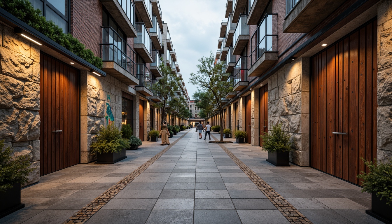 Prompt: Rough stone walls, weathered wooden planks, rusty metal cladding, smooth concrete floors, intricate tile patterns, vibrant colorful murals, natural brick facades, ornate stucco details, distressed finishes, industrial chic aesthetic, urban cityscape, cloudy grey sky, dramatic spotlighting, high contrast shadows, 1/1 composition, symmetrical framing, realistic material textures, ambient occlusion.