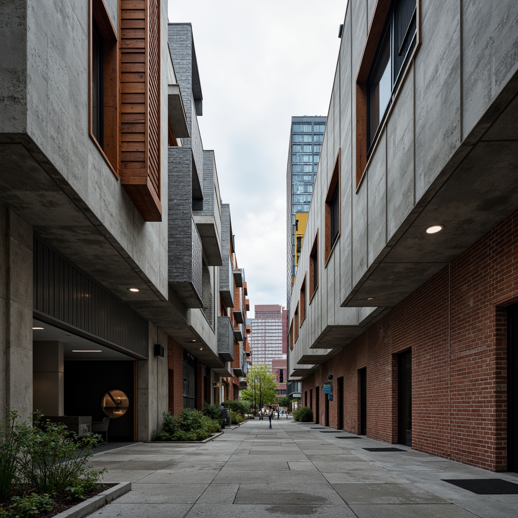 Prompt: Rugged concrete walls, metallic beams, industrial pipes, distressed wood accents, exposed brick textures, brutalist fa\u00e7ades, geometric shapes, abstract patterns, bold color blocks, urban cityscape, overcast sky, dramatic shadows, high-contrast lighting, 1/1 composition, symmetrical framing, stark minimalism, avant-garde aesthetics.