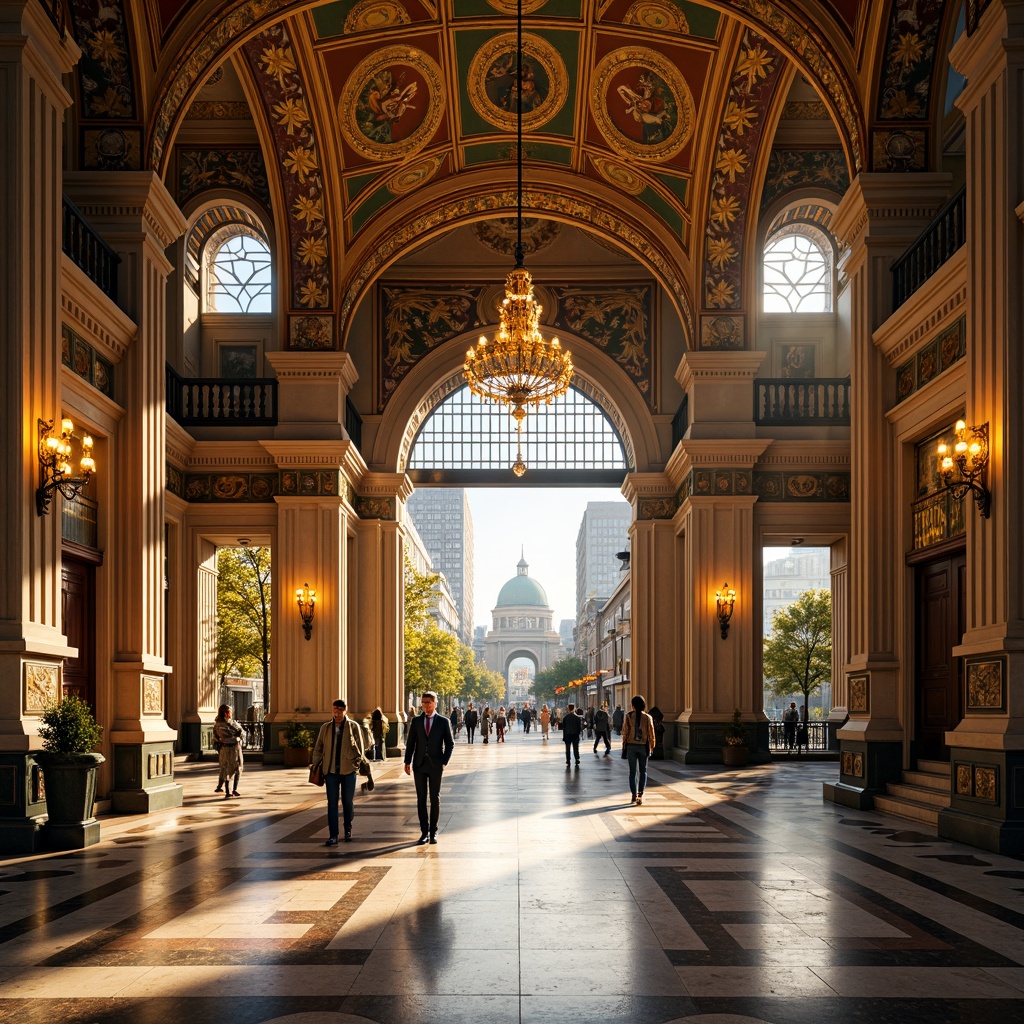 Prompt: Ornate bus station, grandiose entrance, sweeping arches, ornamental columns, intricate carvings, gilded details, vibrant frescoes, majestic domes, curved staircases, luxurious chandeliers, polished marble floors, richly patterned textiles, dramatic lighting effects, warm golden color scheme, symmetrical composition, classical proportions, imposing scale, urban cityscape, bustling streets, morning sunlight, soft focus, shallow depth of field.