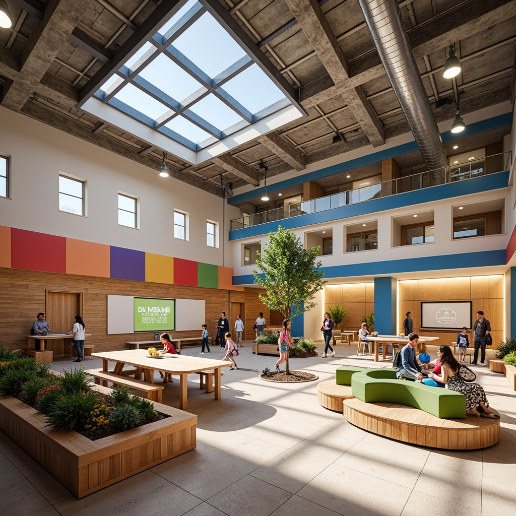 Prompt: Vibrant high school interior, fusion architecture style, open floor plan, collaborative learning spaces, flexible seating arrangements, modular furniture, interactive whiteboards, colorful accent walls, natural wood tones, industrial metal beams, exposed ductwork, abundant daylight, clerestory windows, soft warm lighting, shallow depth of field, 3/4 composition, panoramic view, realistic textures, ambient occlusion.