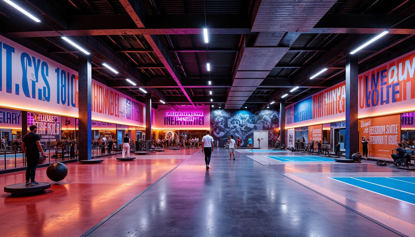 Prompt: Vibrant gym interior, bold color scheme, energetic atmosphere, dynamic sports equipment, motivational quotes, modern flooring materials, bright overhead lighting, high ceilings, spacious open areas, athletic tracks, basketball courts, tennis tables, exercise machines, free weights, yoga mats, mirrored walls, sleek metal beams, industrial-style ductwork, urban-inspired graffiti, neon-lit accents, 3/4 composition, shallow depth of field, realistic textures, ambient occlusion.